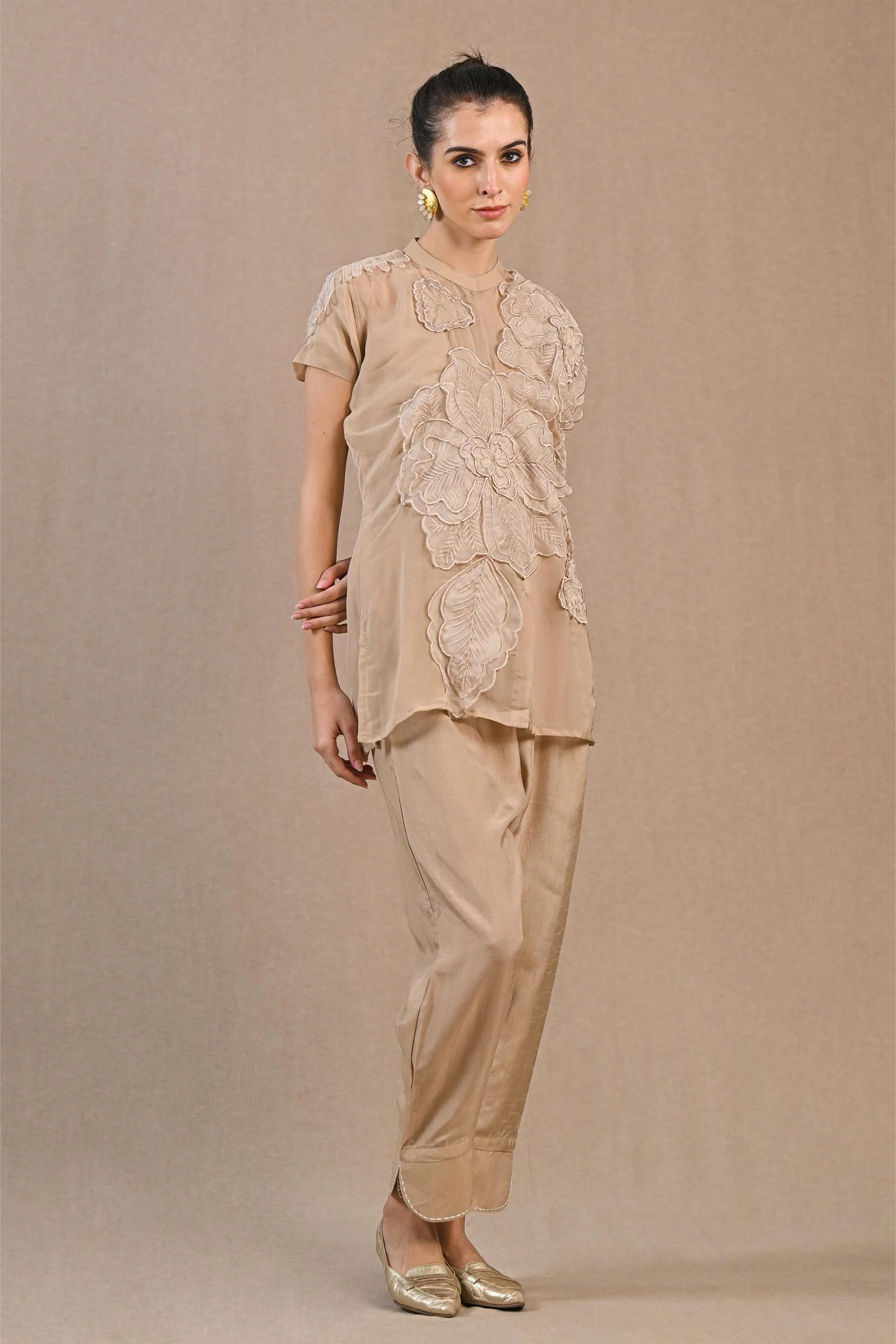 Beige Floral Embroidered Organza Silk Co-Ord Set - Image 3