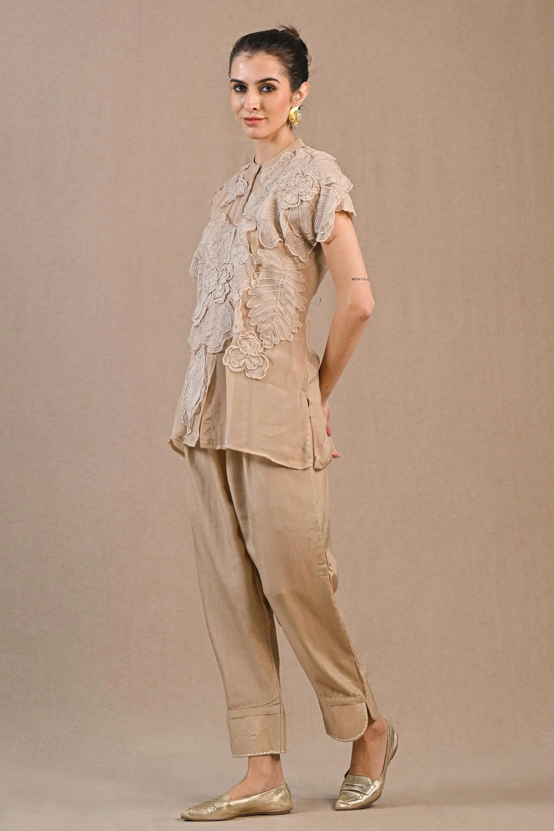 Beige Floral Embroidered Organza Silk Co-Ord Set - Image 4