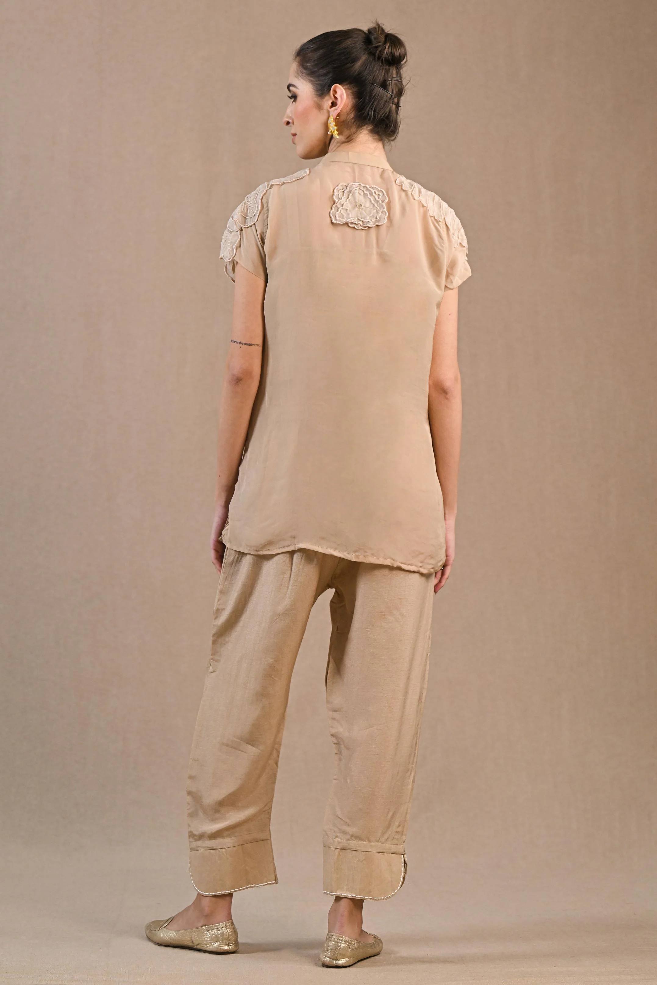 Beige Floral Embroidered Organza Silk Co-Ord Set - Image 5
