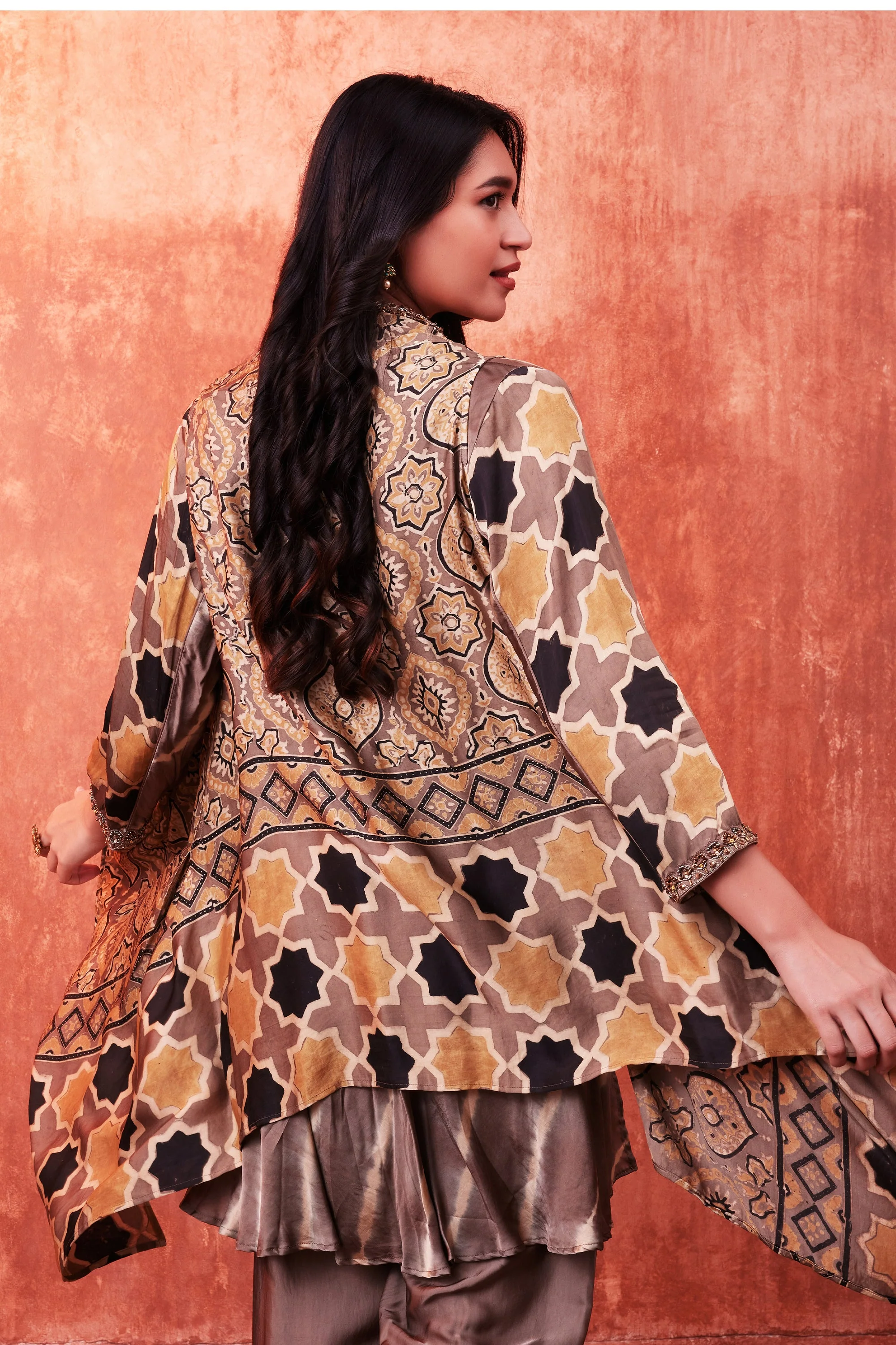 Beige Multicolor Ajrakh Printed Habutai Silk Cape Suit Set - Image 2