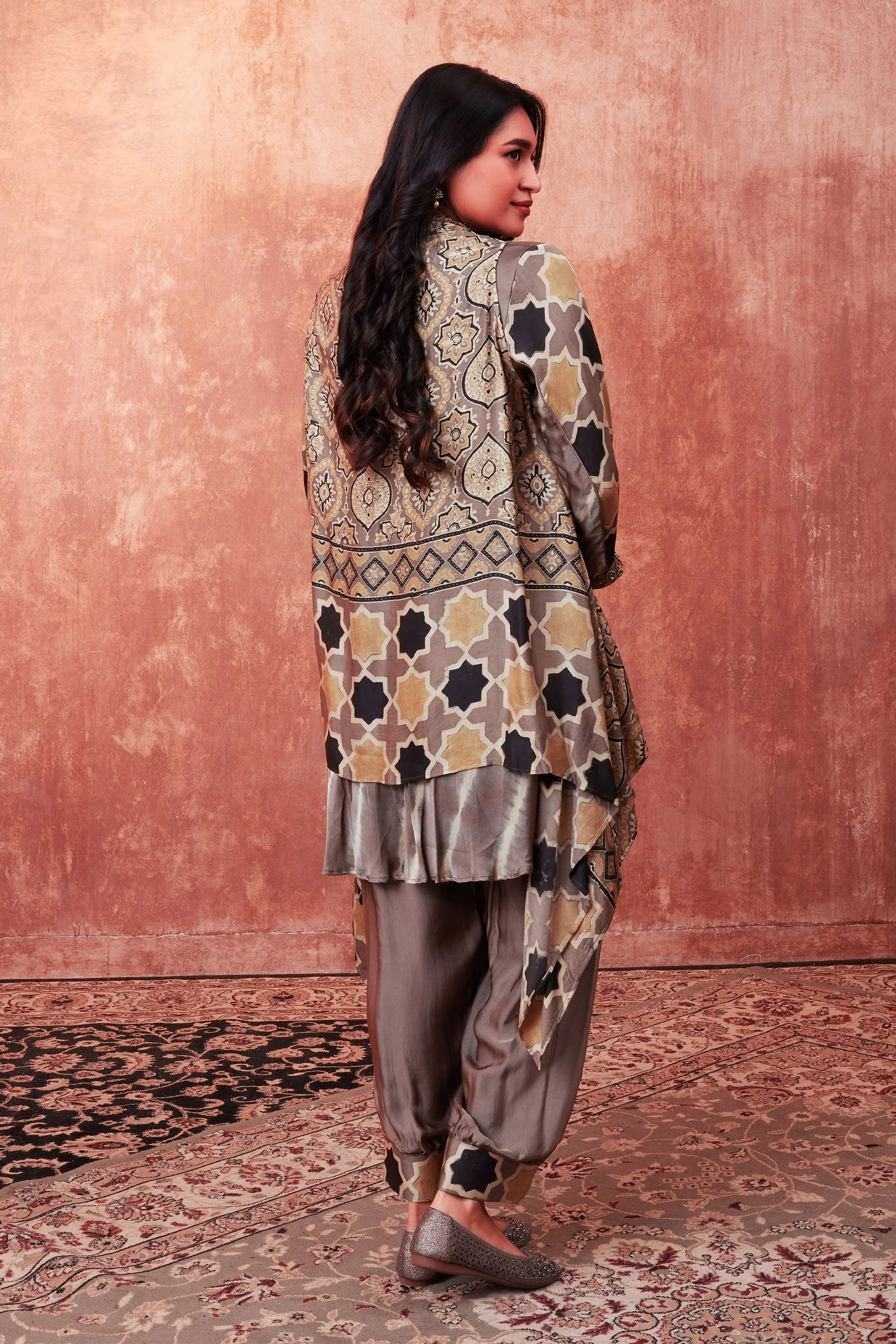 Beige Multicolor Ajrakh Printed Habutai Silk Cape Suit Set - Image 3