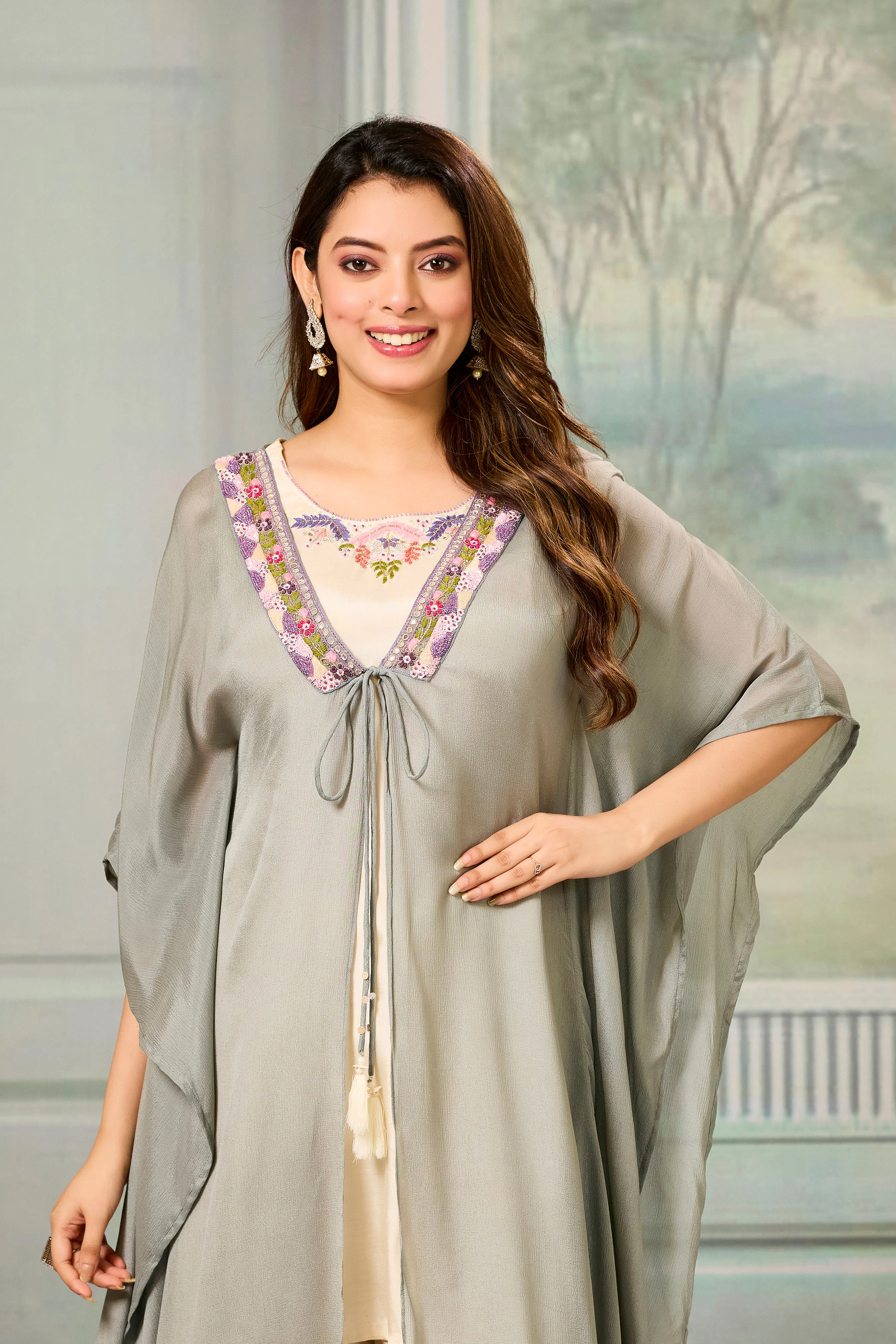 Beige Grey Embellished Chinon Silk Cape Set - Image 2
