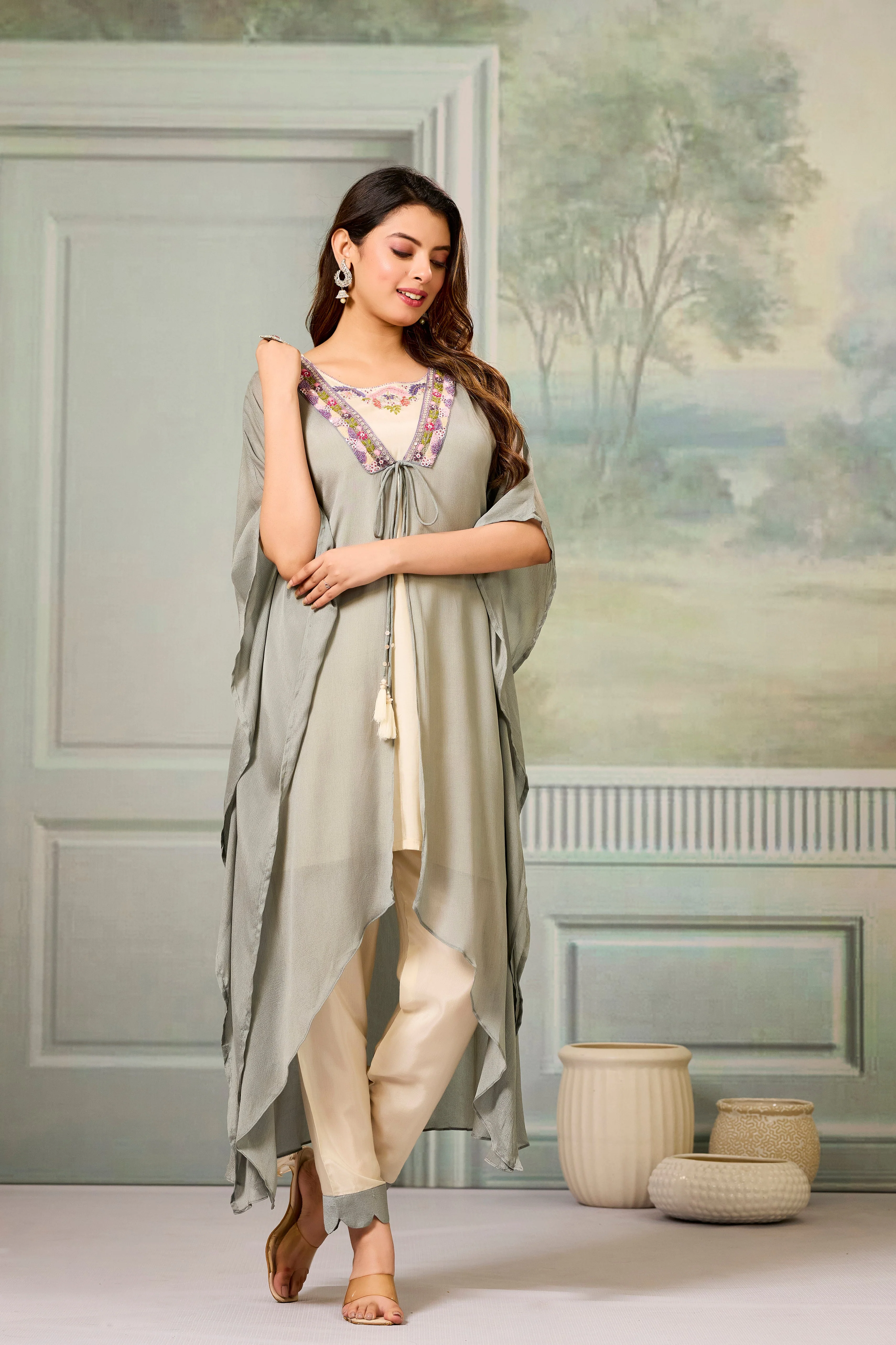 Beige Grey Embellished Chinon Silk Cape Set - Image 3