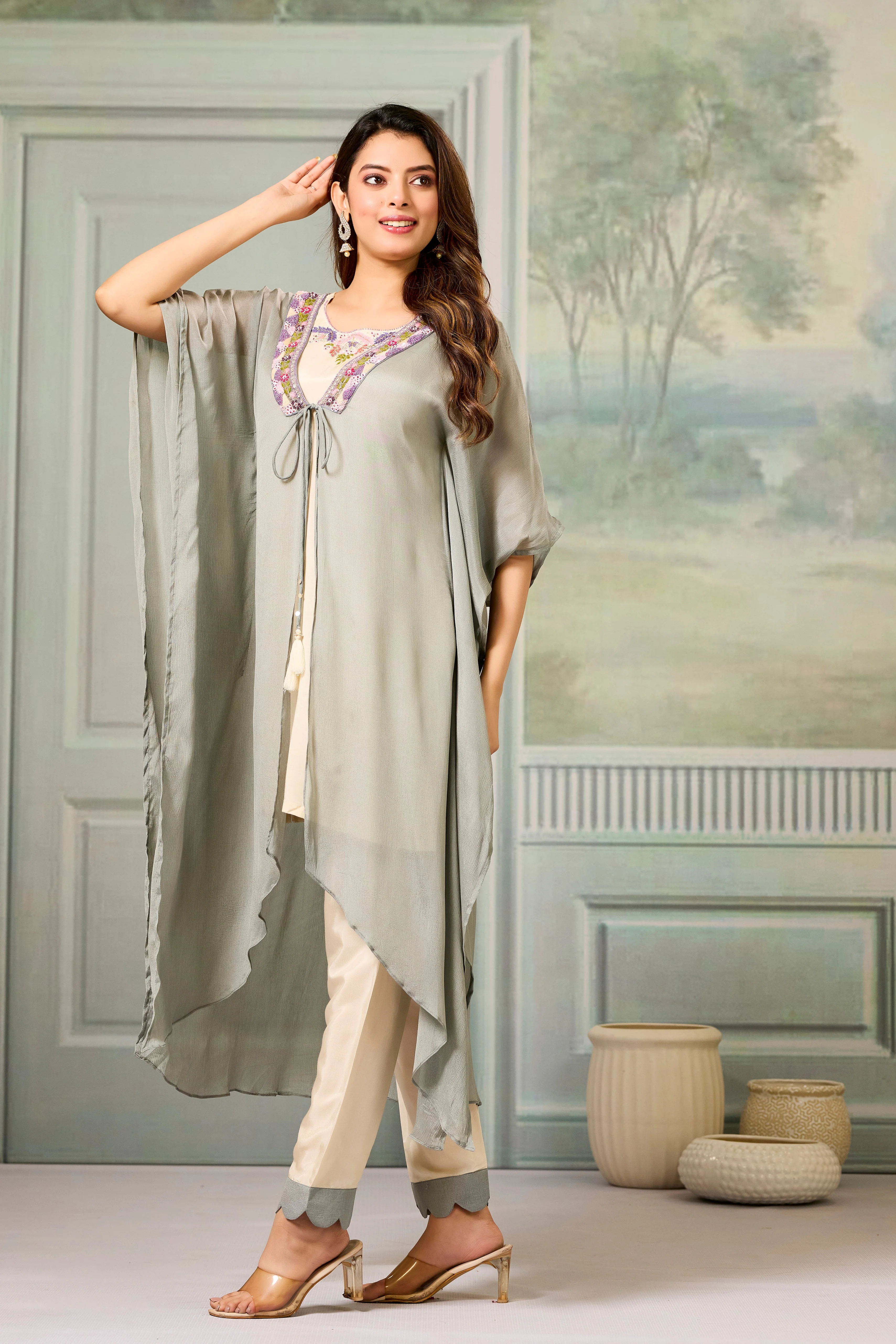Beige Grey Embellished Chinon Silk Cape Set - Image 4