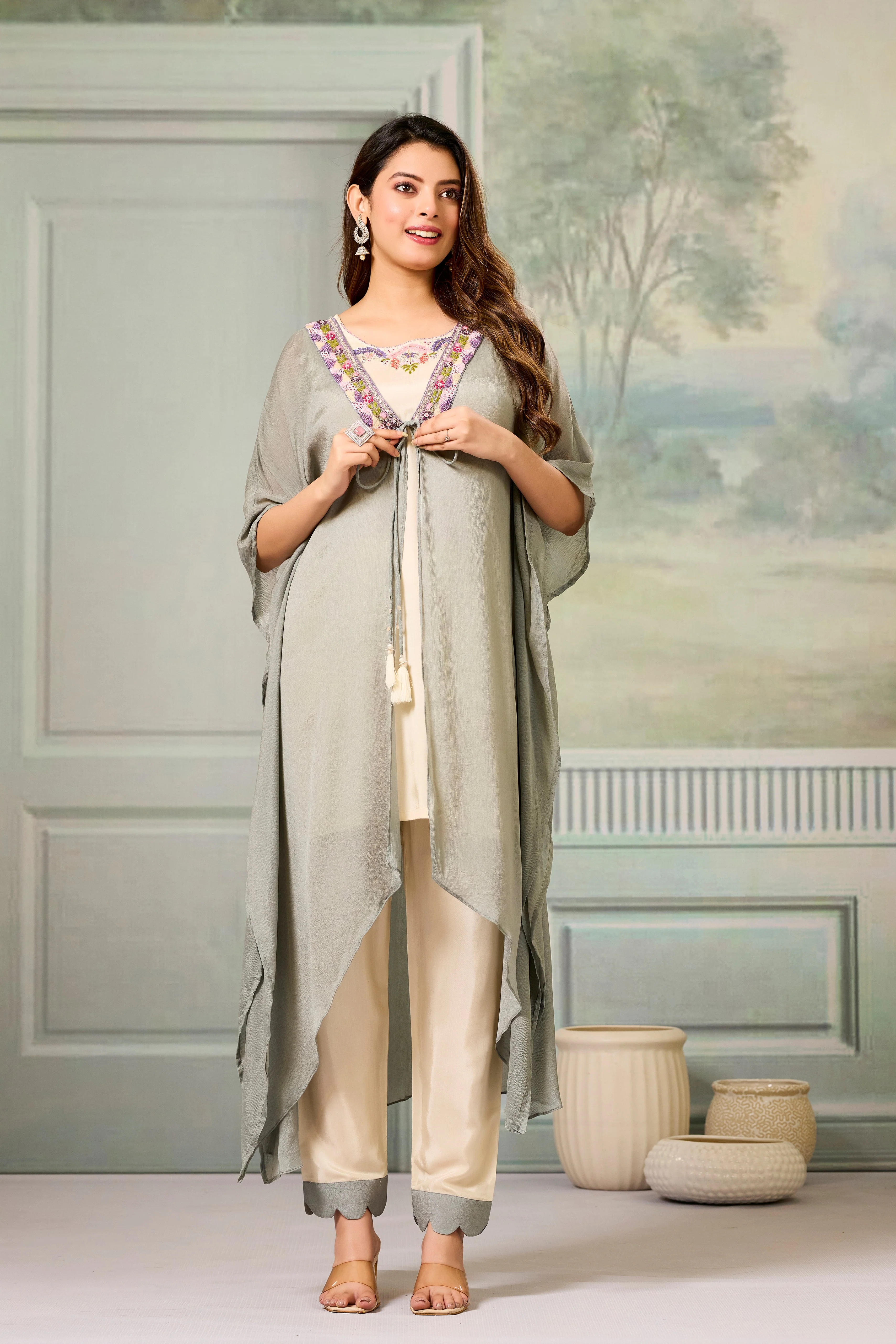 Beige Grey Embellished Chinon Silk Cape Set - Image 5