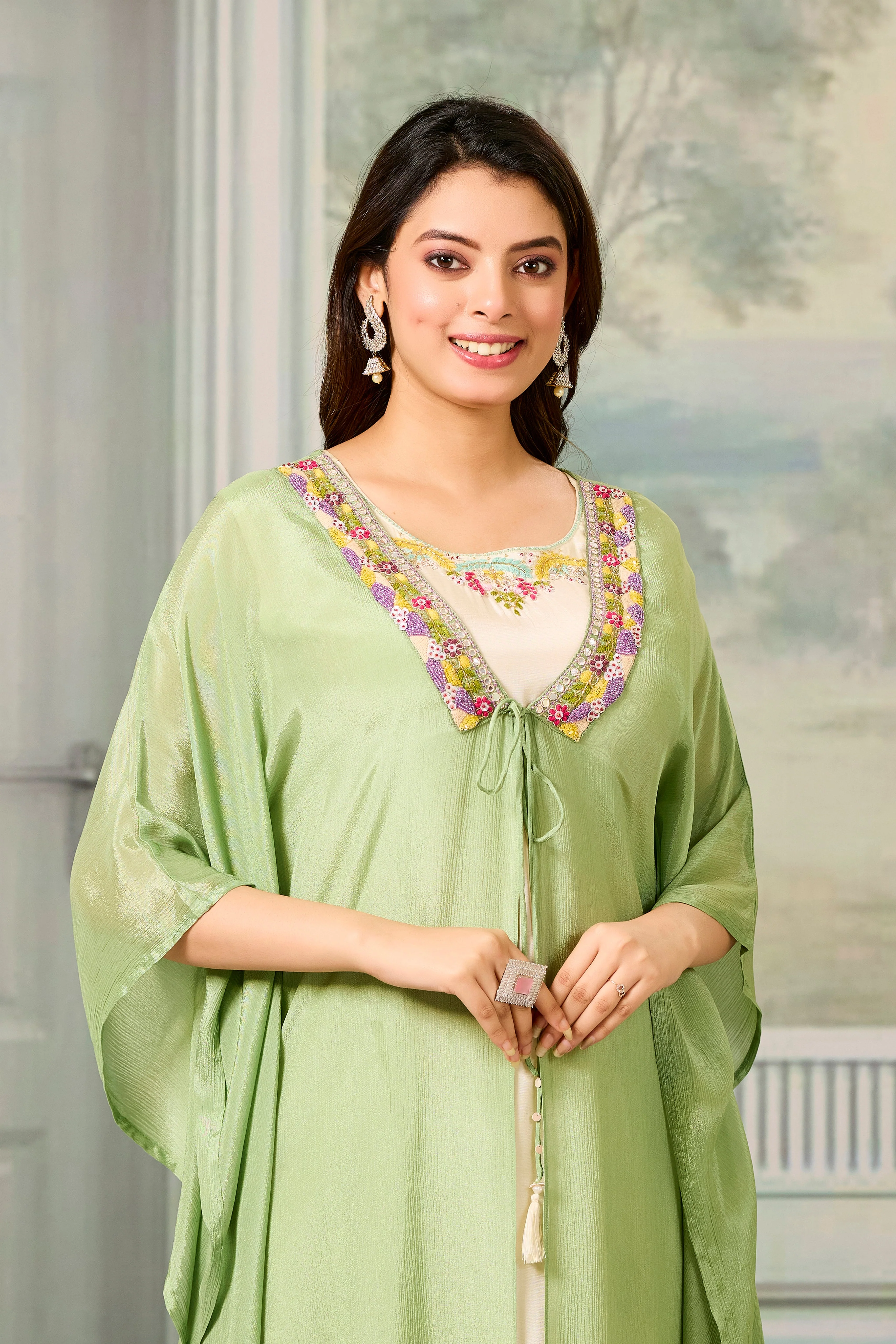 Beige Green Embellished Chinon Silk Cape Set - Image 2