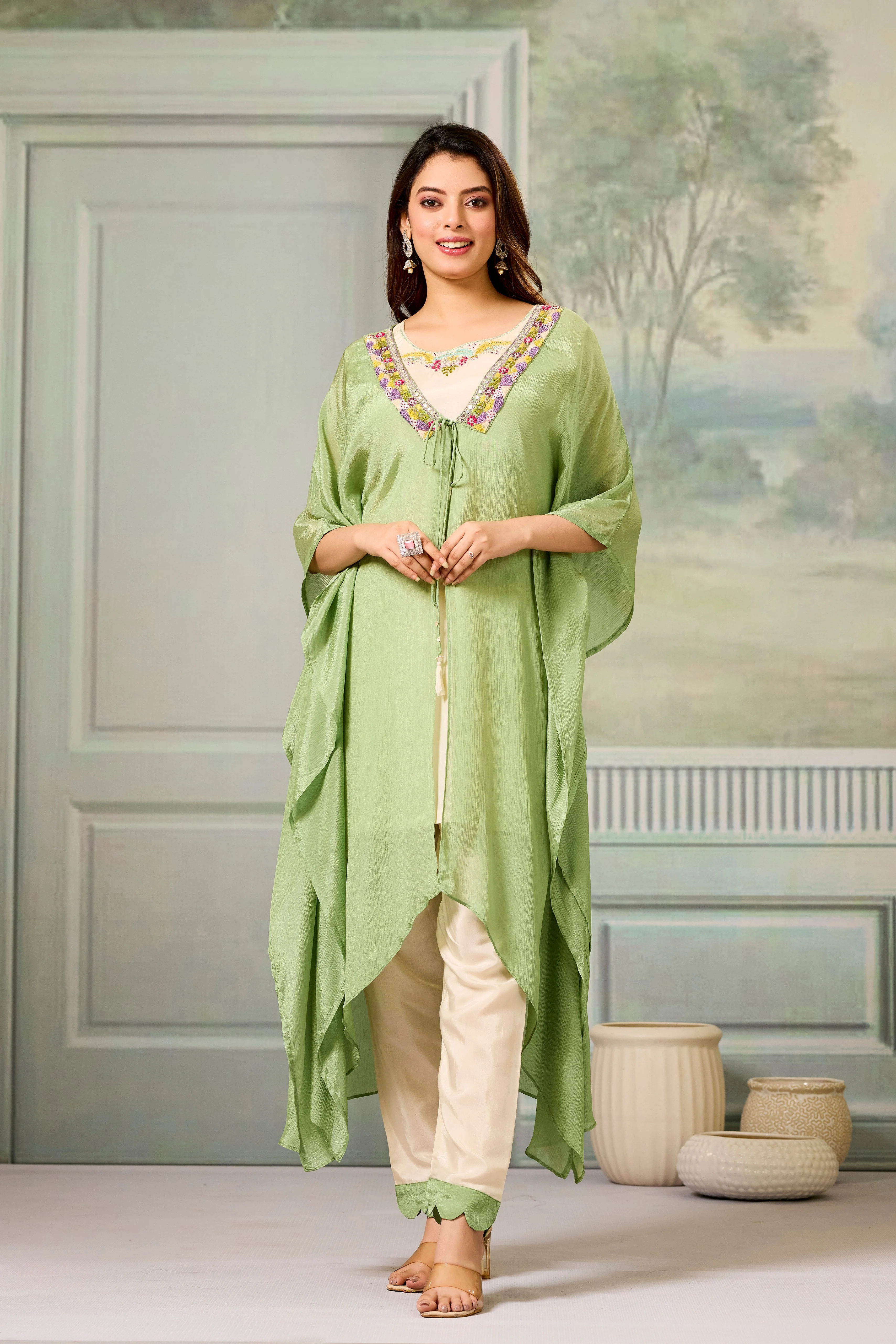 Beige Green Embellished Chinon Silk Cape Set - Image 3