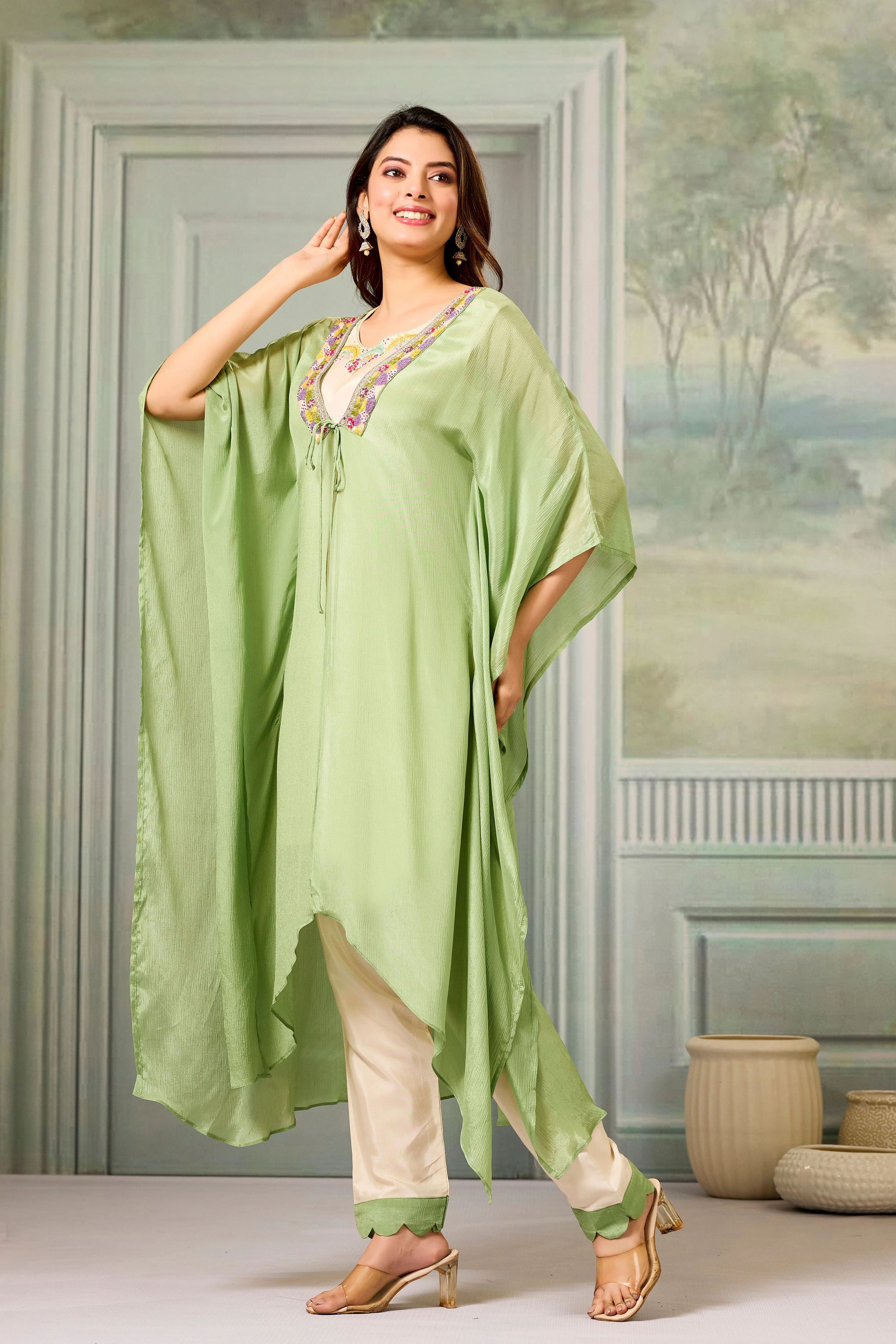 Beige Green Embellished Chinon Silk Cape Set - Image 4