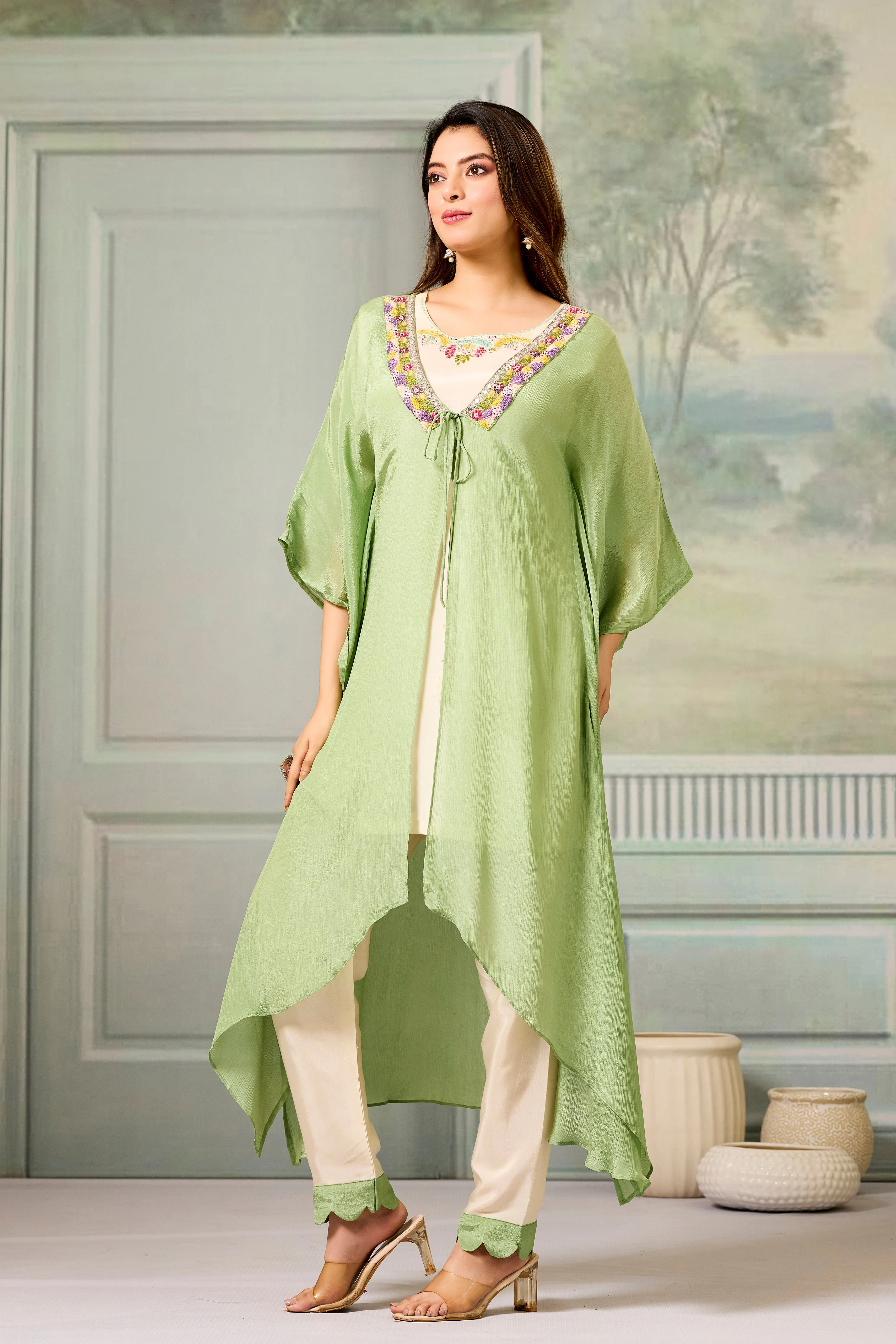 Beige Green Embellished Chinon Silk Cape Set - Image 5