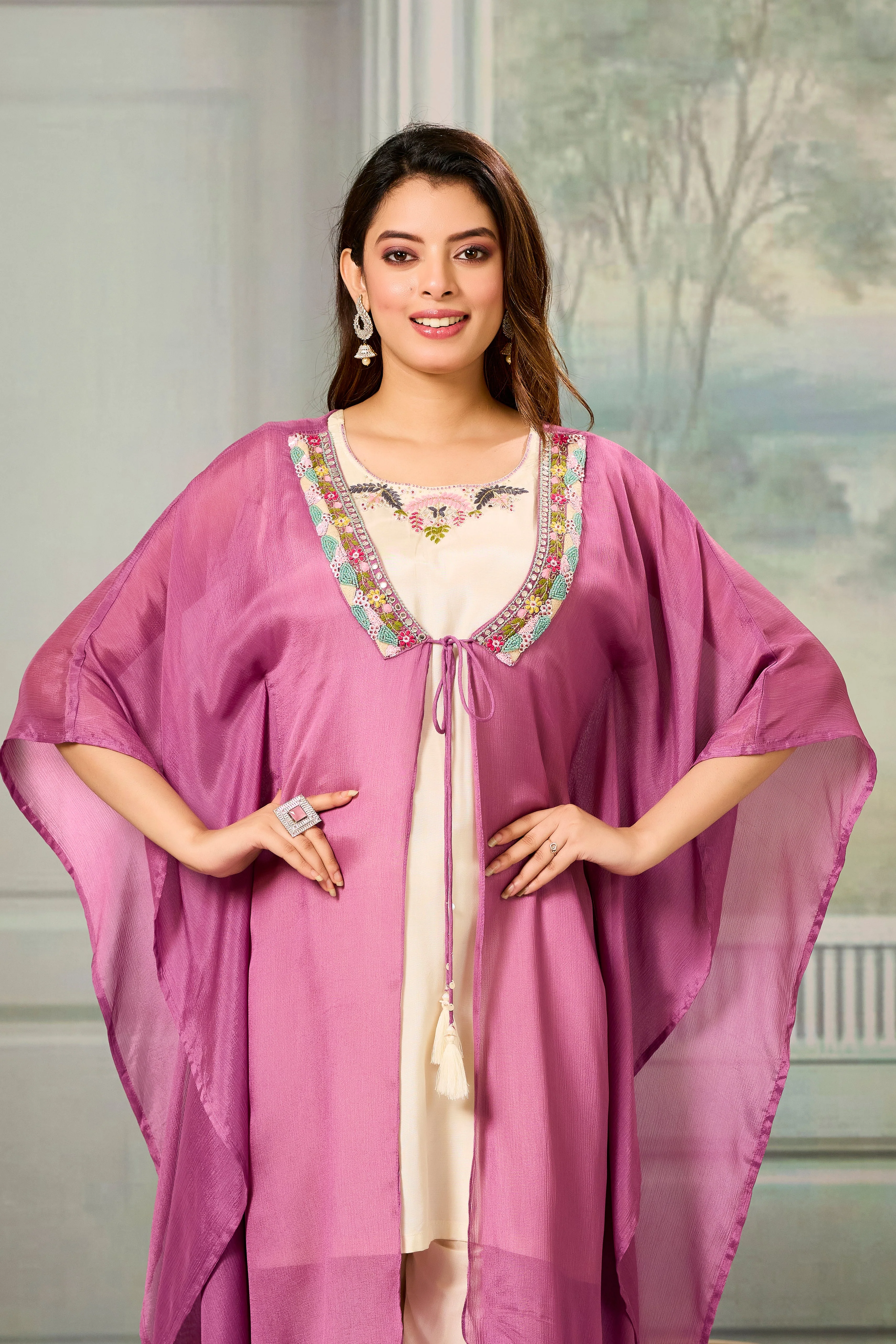 Beige Pink Embellished Chinon Silk Cape Set - Image 2