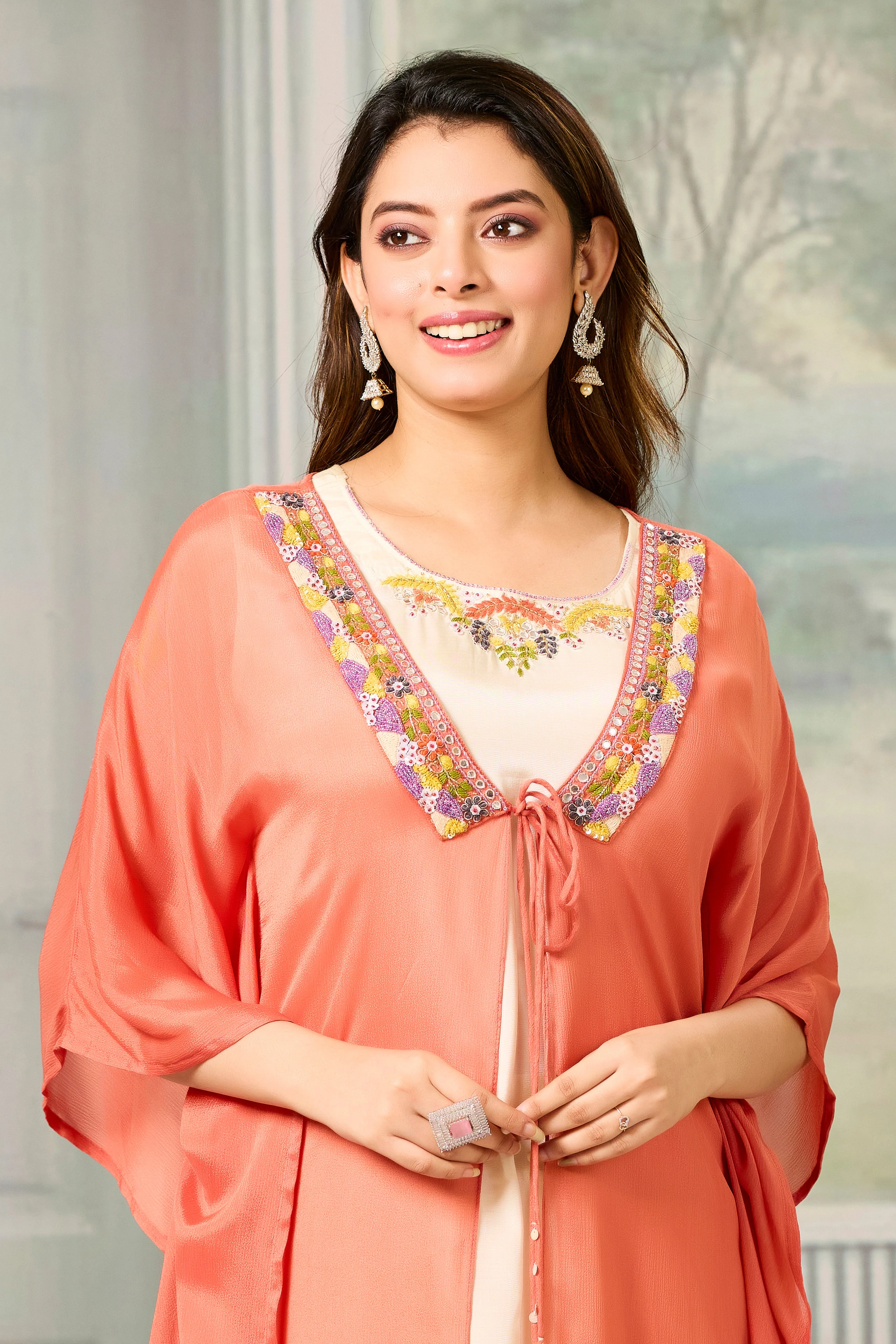 Beige Red Embellished Chinon Silk Cape Set - Image 2