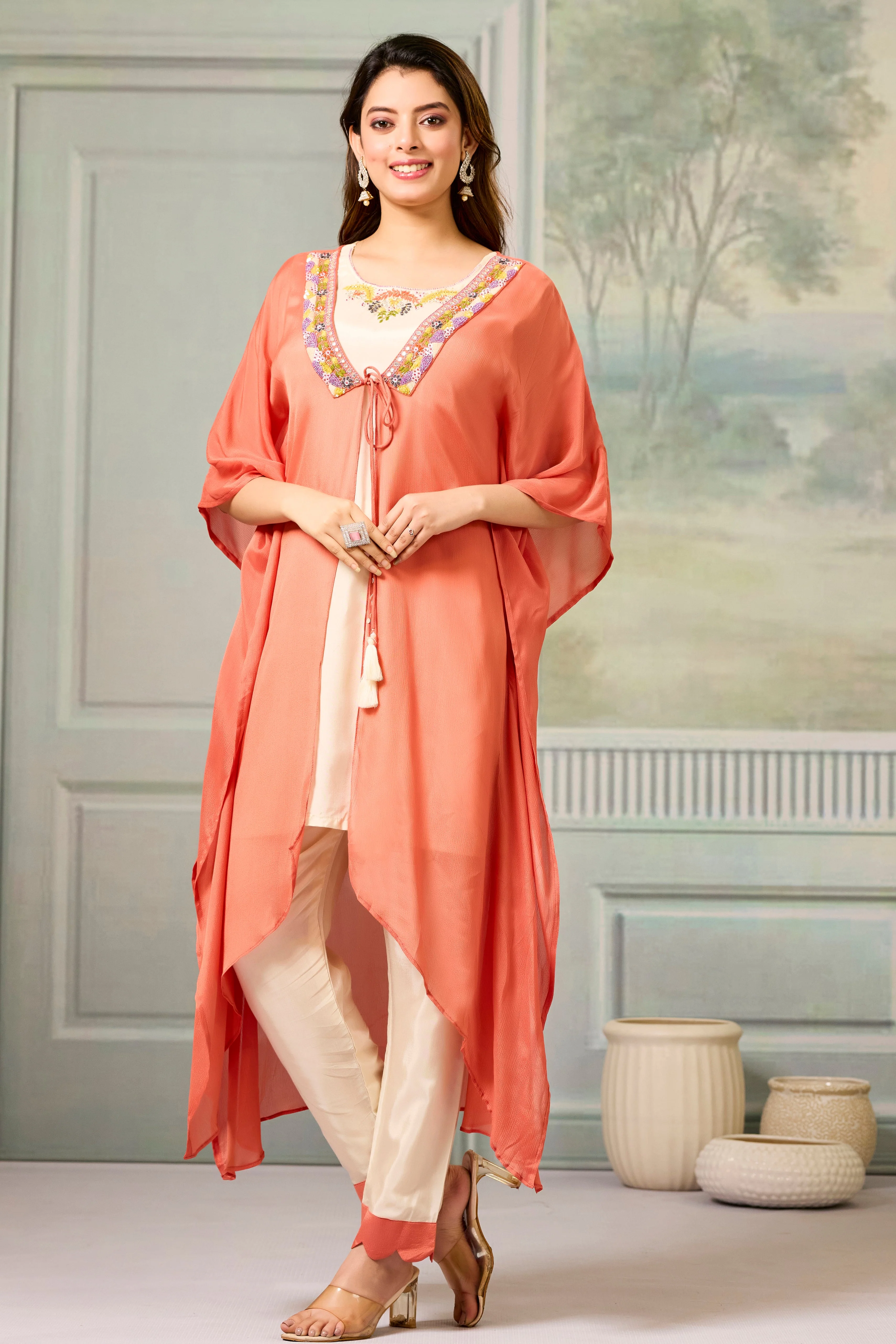 Beige Red Embellished Chinon Silk Cape Set - Image 4