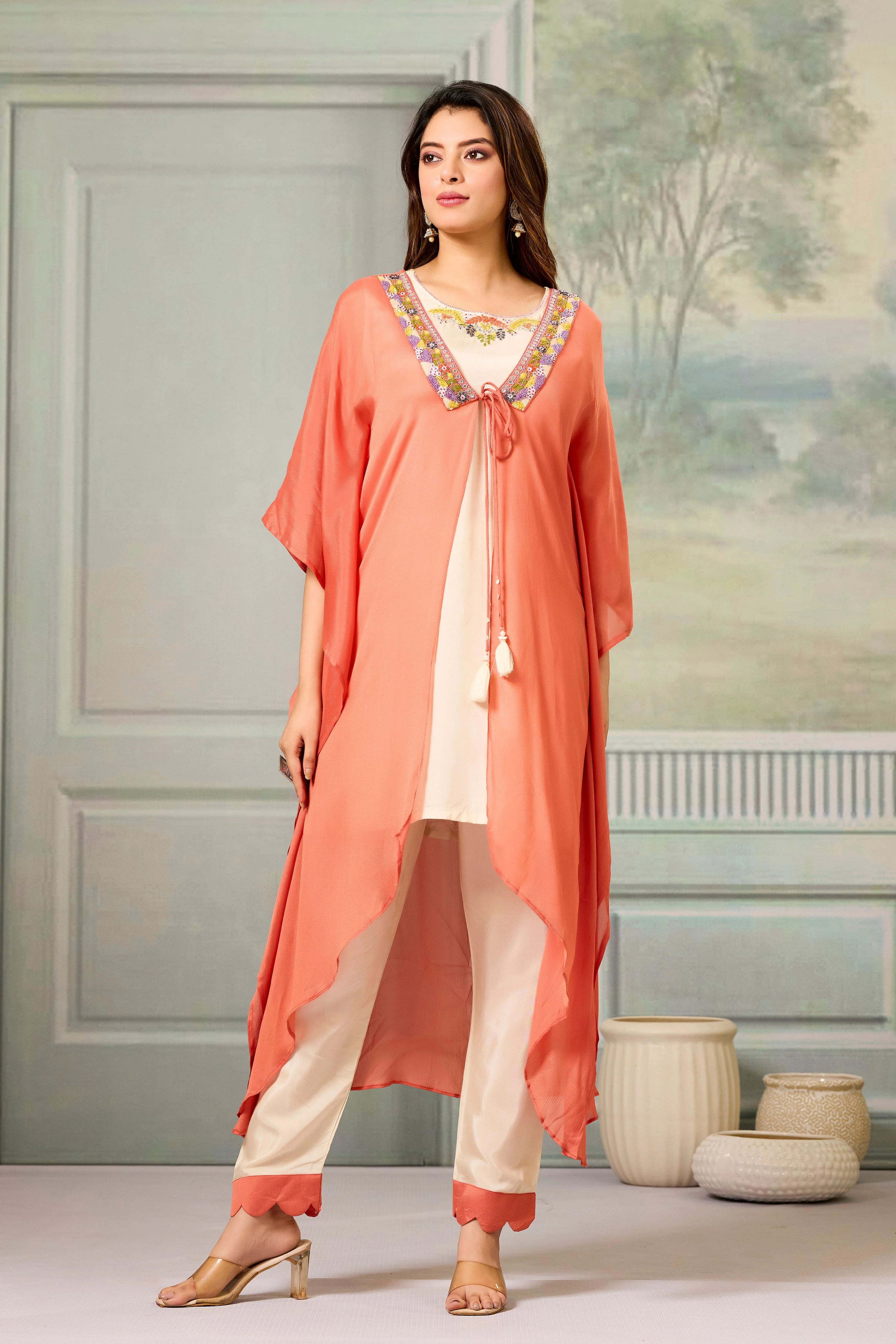 Beige Red Embellished Chinon Silk Cape Set - Image 5