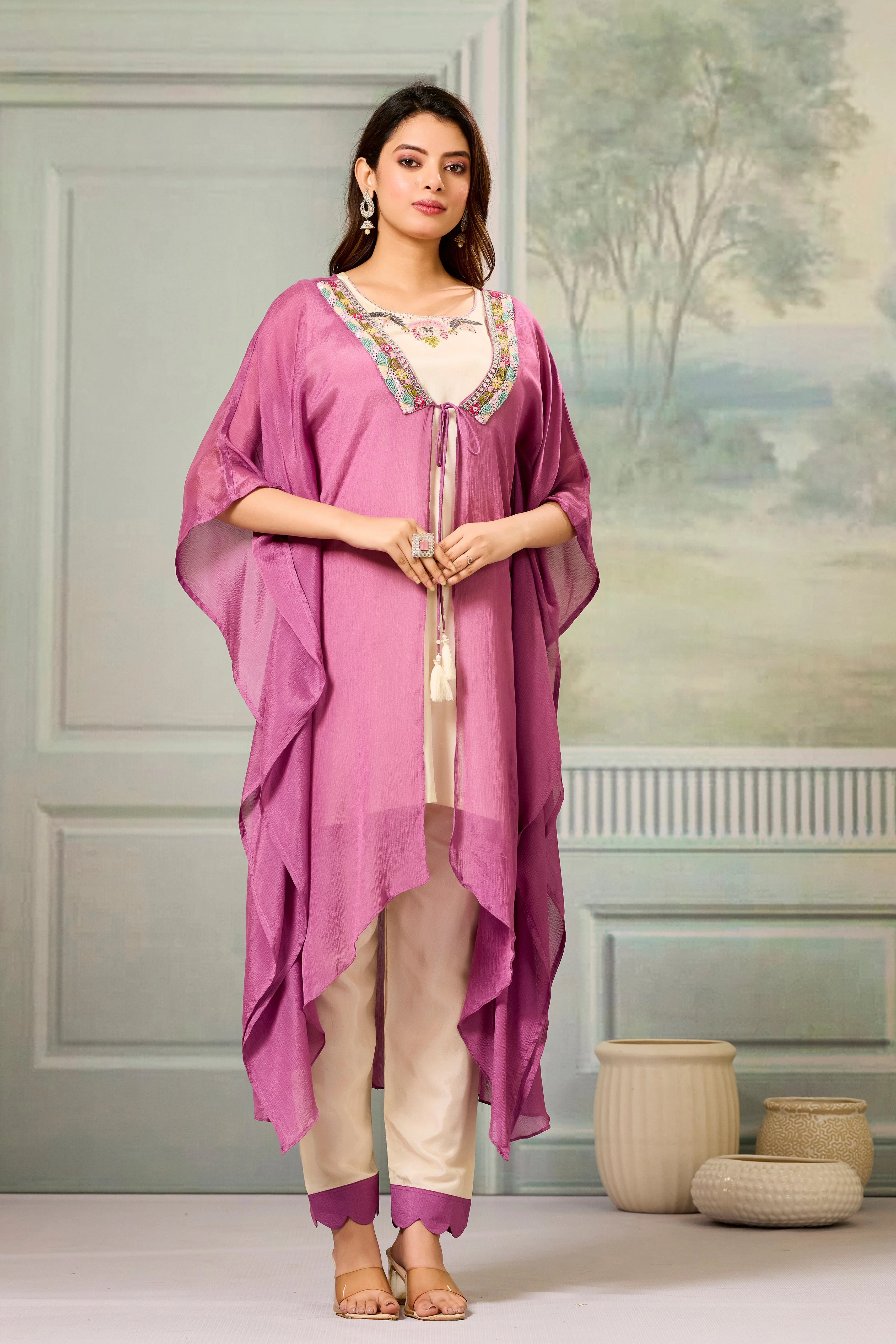 Beige Pink Embellished Chinon Silk Cape Set - Image 3