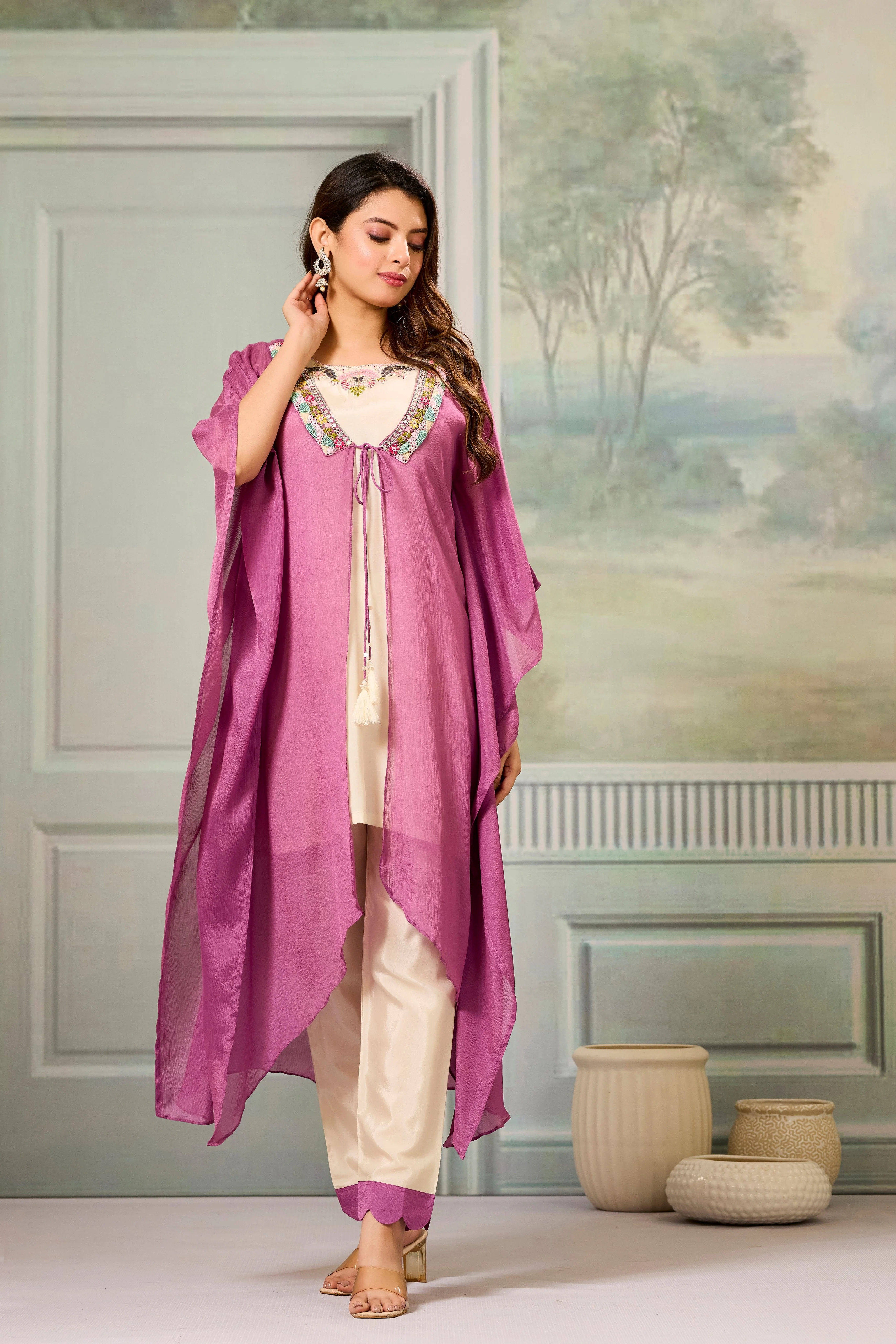 Beige Pink Embellished Chinon Silk Cape Set - Image 5