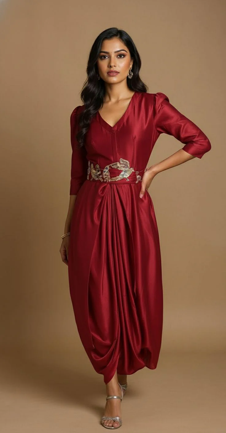 Wine Red Embroidered Georgette Draped Dress