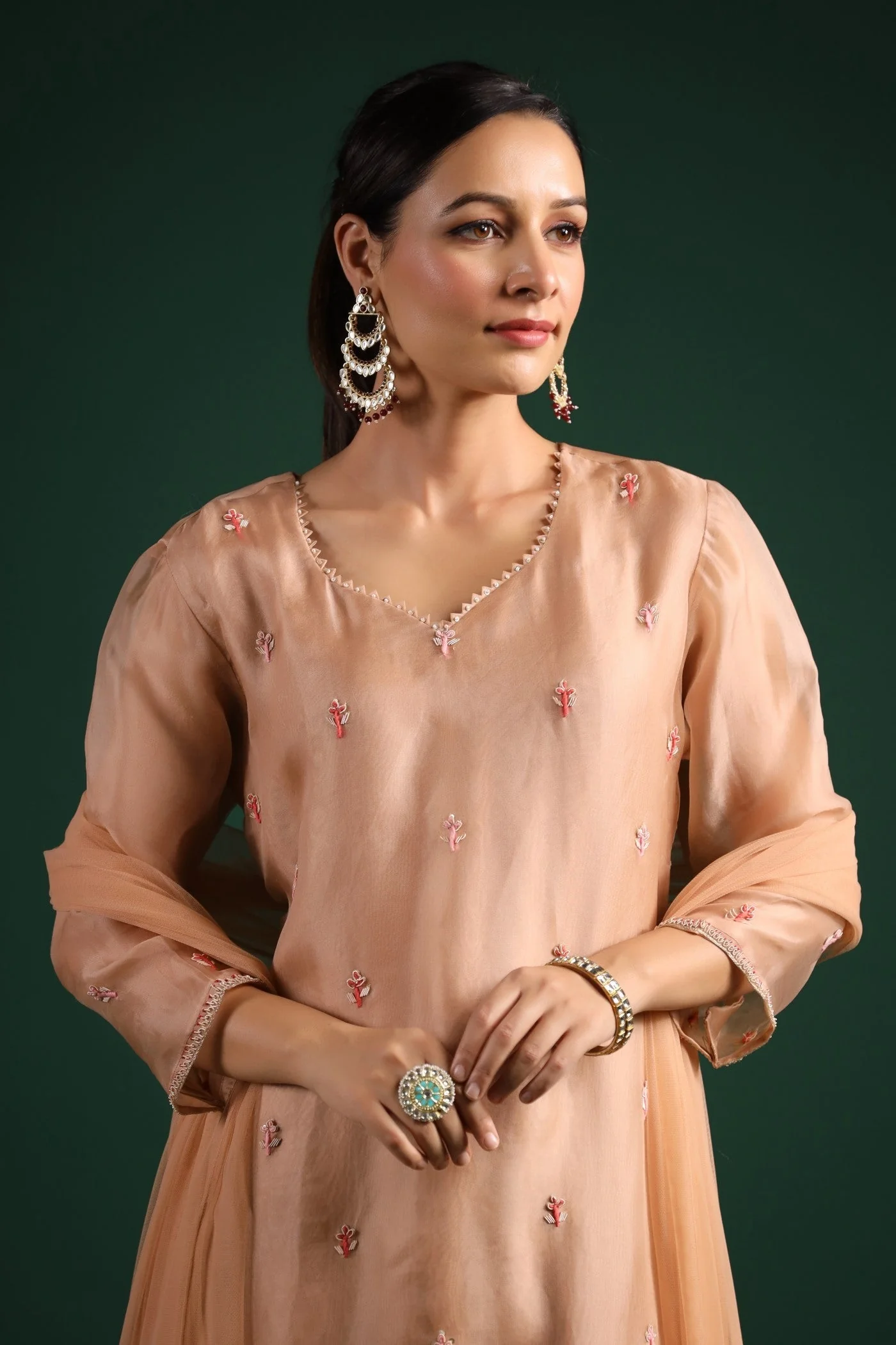 Beige Organza Silk Kurta Set - Image 6