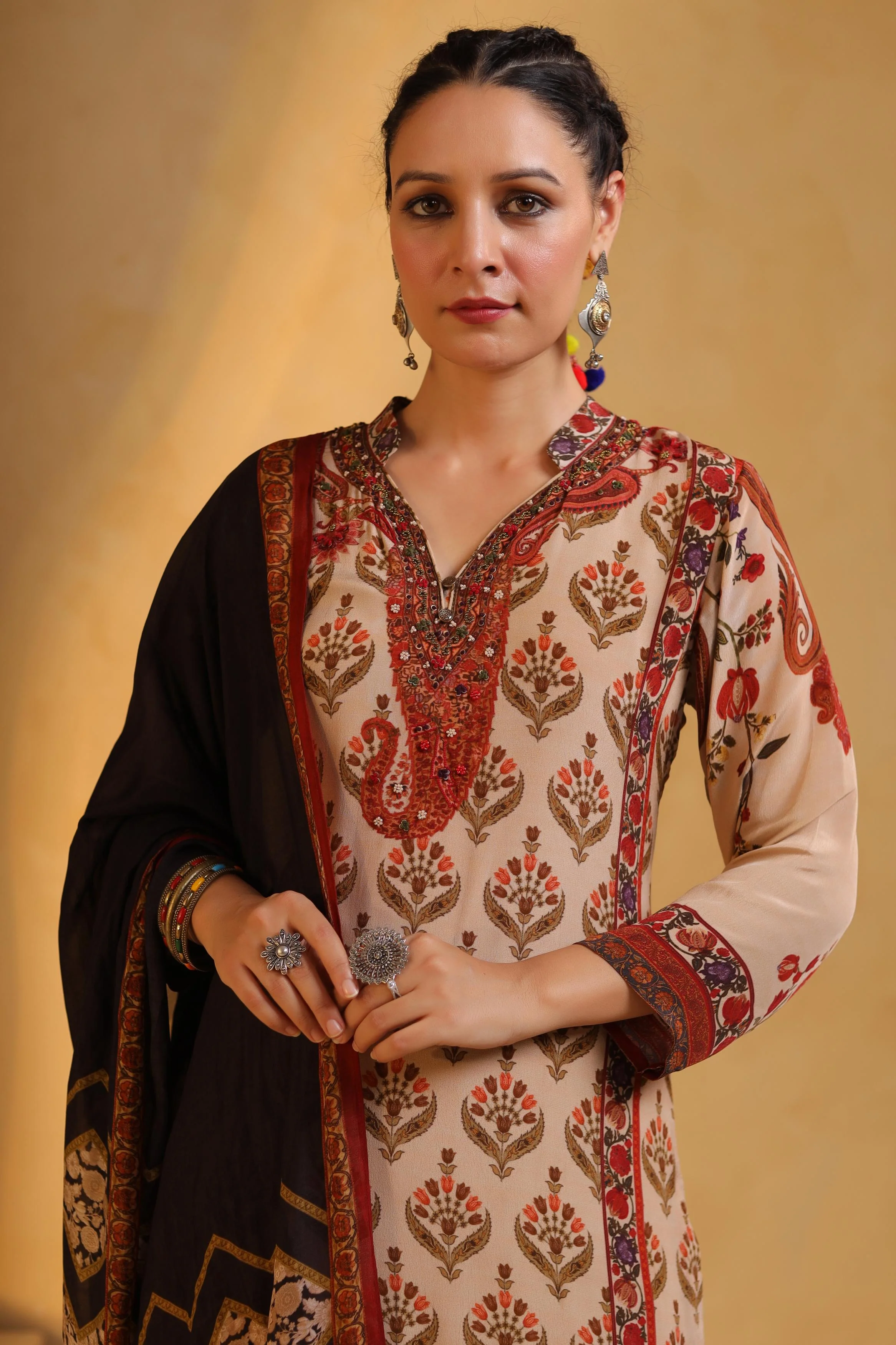 Beige Printed Viscose Crepe Silk Pant Set - Image 2