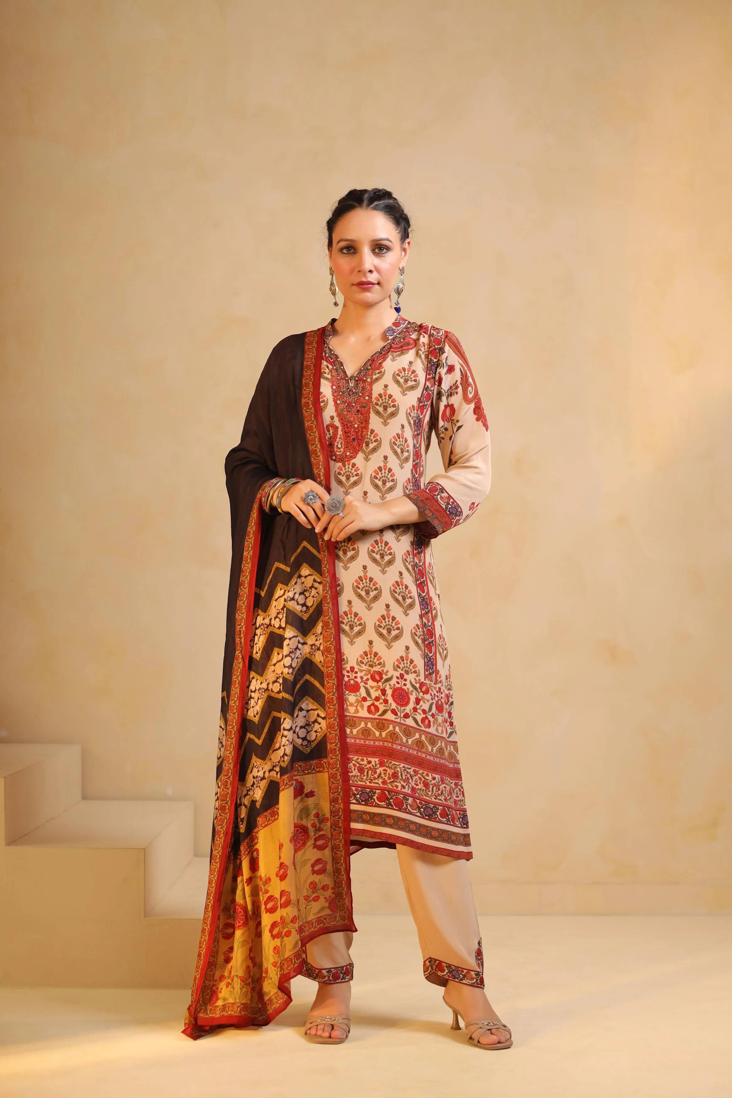 Beige Printed Viscose Crepe Silk Pant Set - Image 3