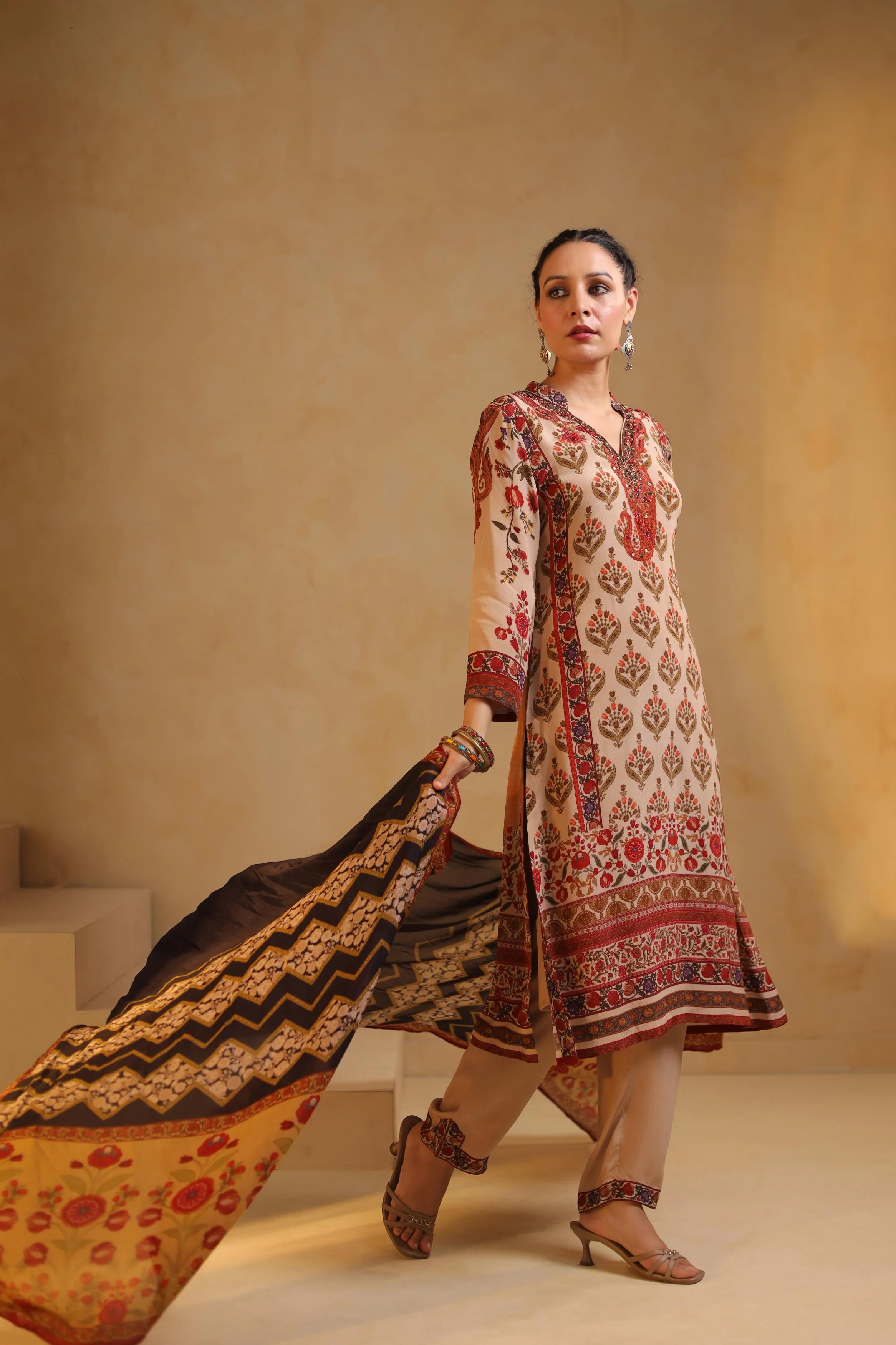 Beige Printed Viscose Crepe Silk Pant Set - Image 4