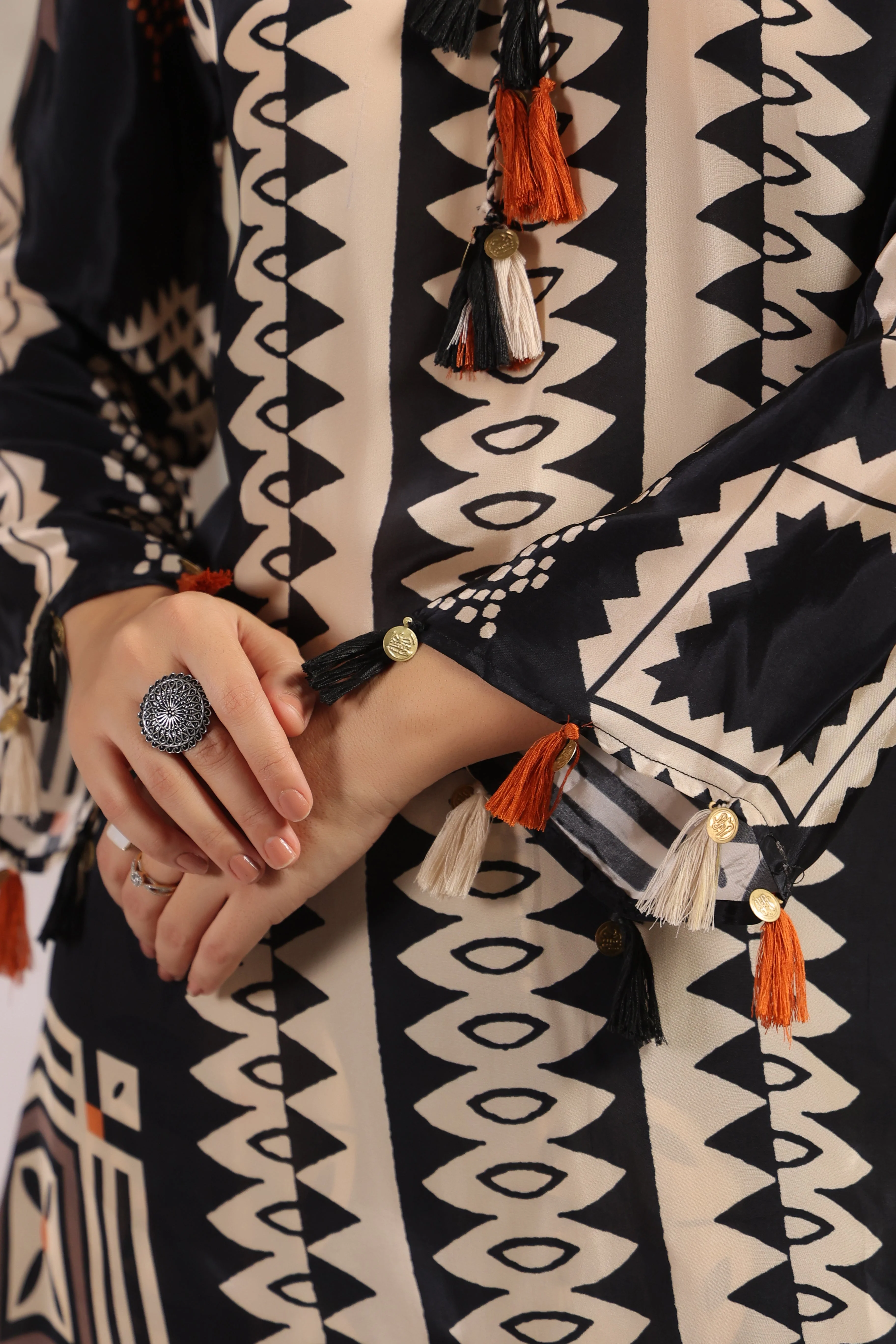 Black & Cream Printed Muslin Silk Co-Ord Set - Image 2