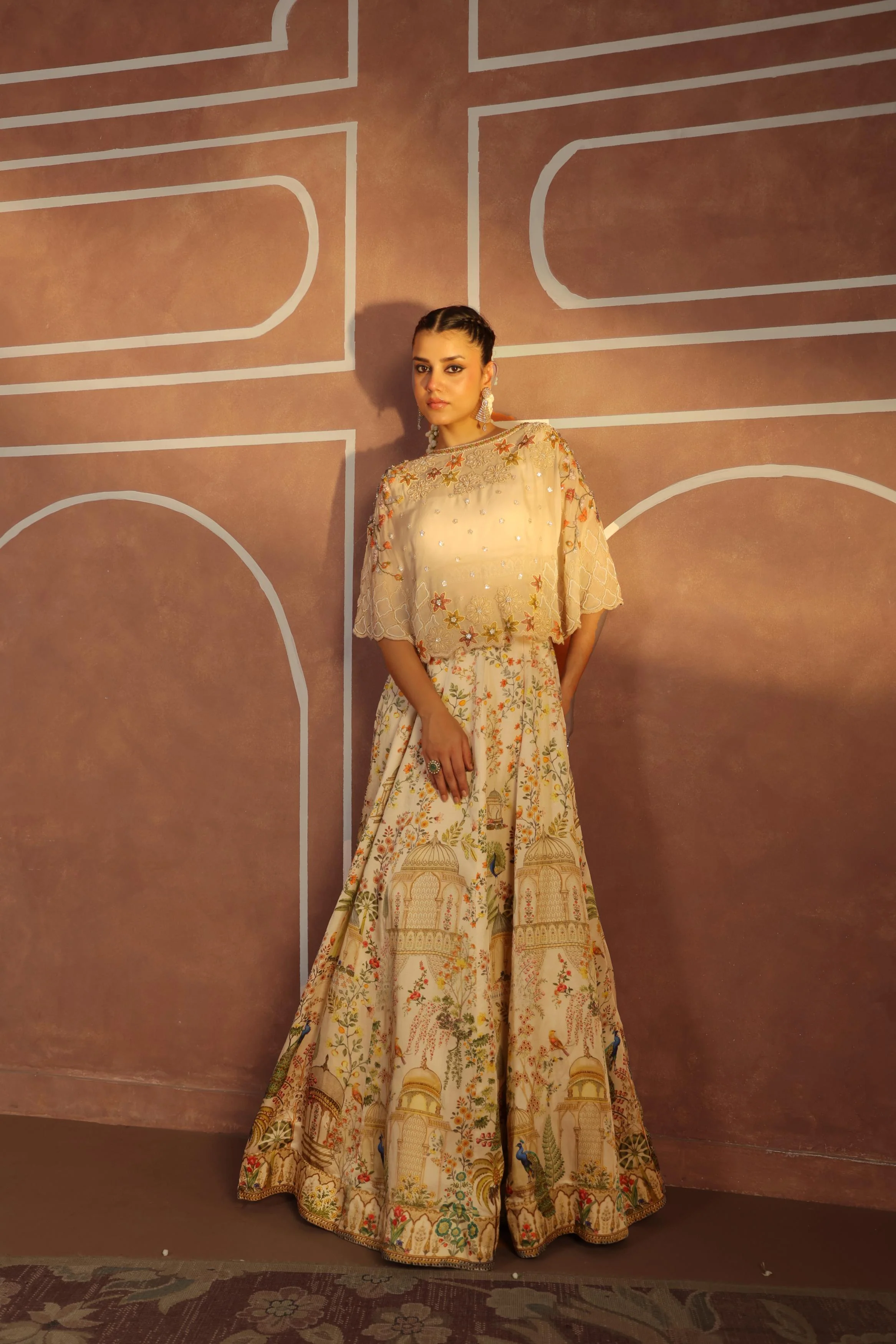 Beige Printed Linen Satin Silk Lehenga Set - Image 3