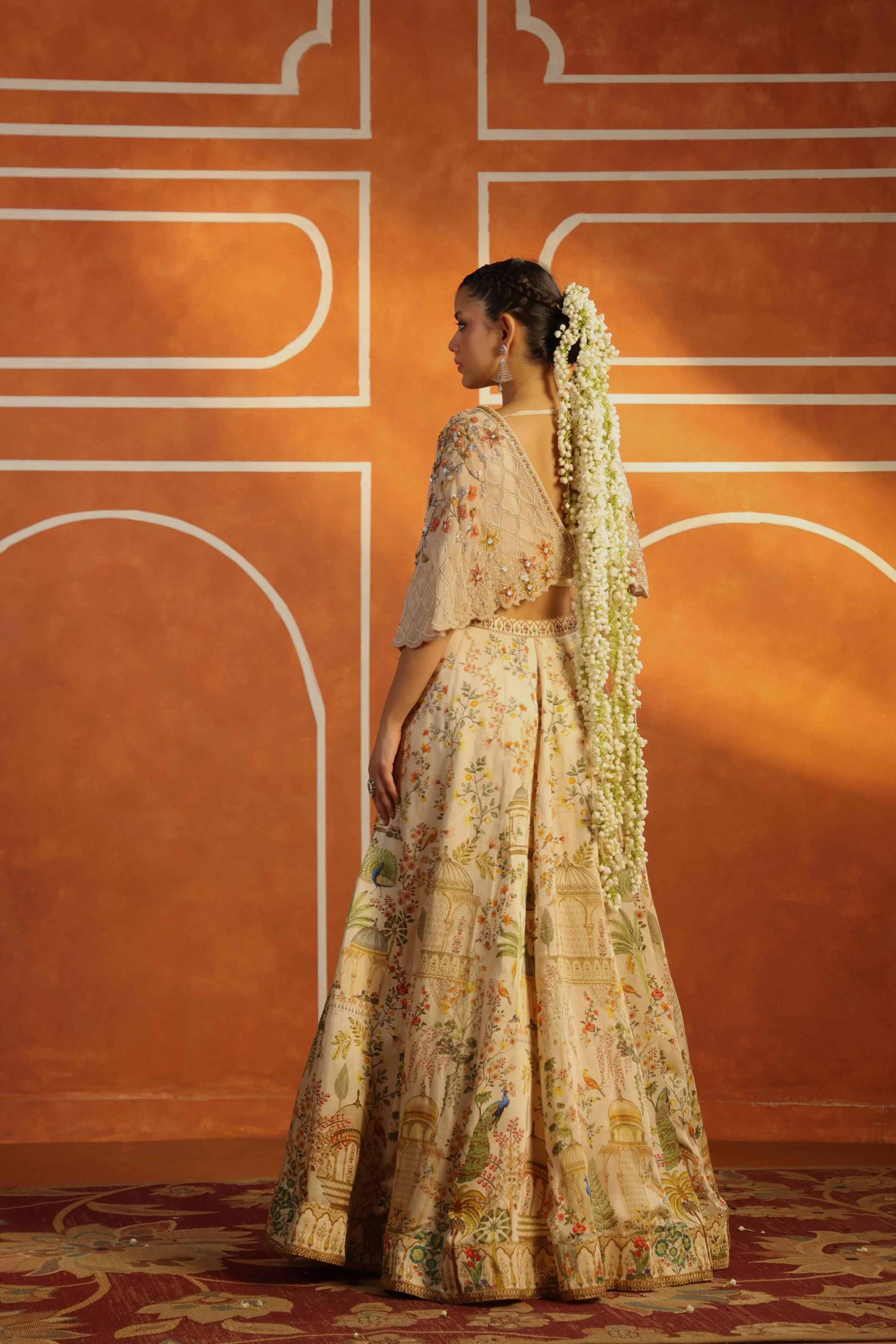 Beige Printed Linen Satin Silk Lehenga Set - Image 4