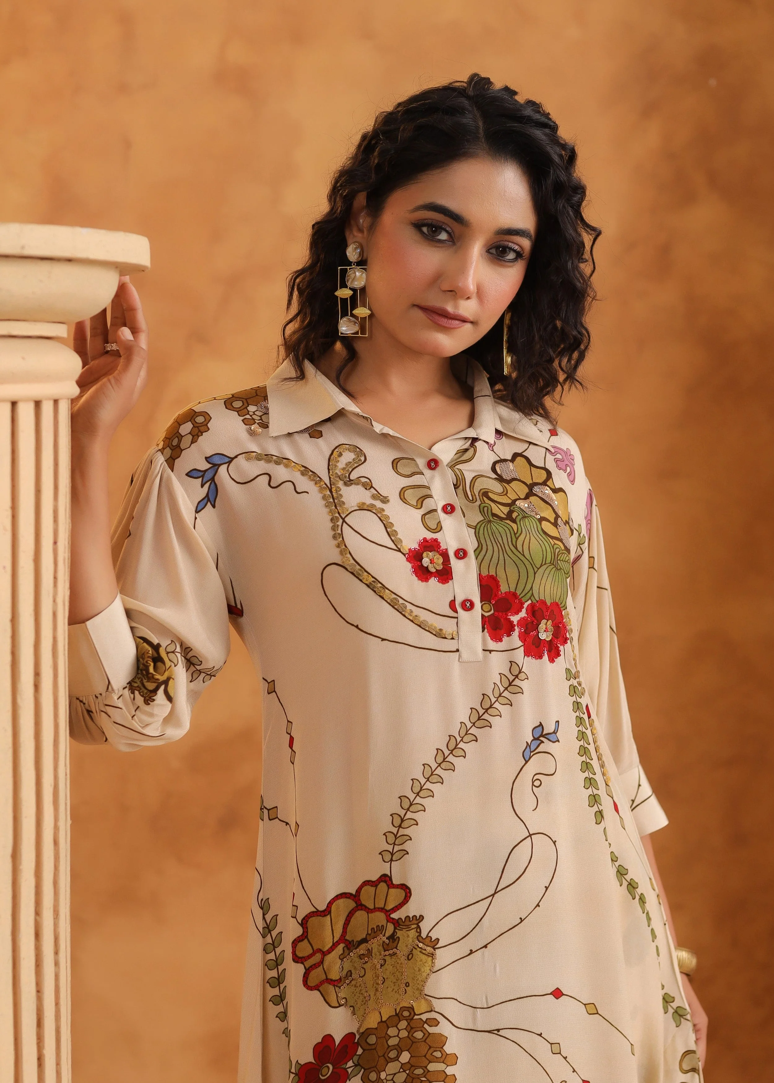 Beige Printed Viscose Crepe Kurta Set - Image 3