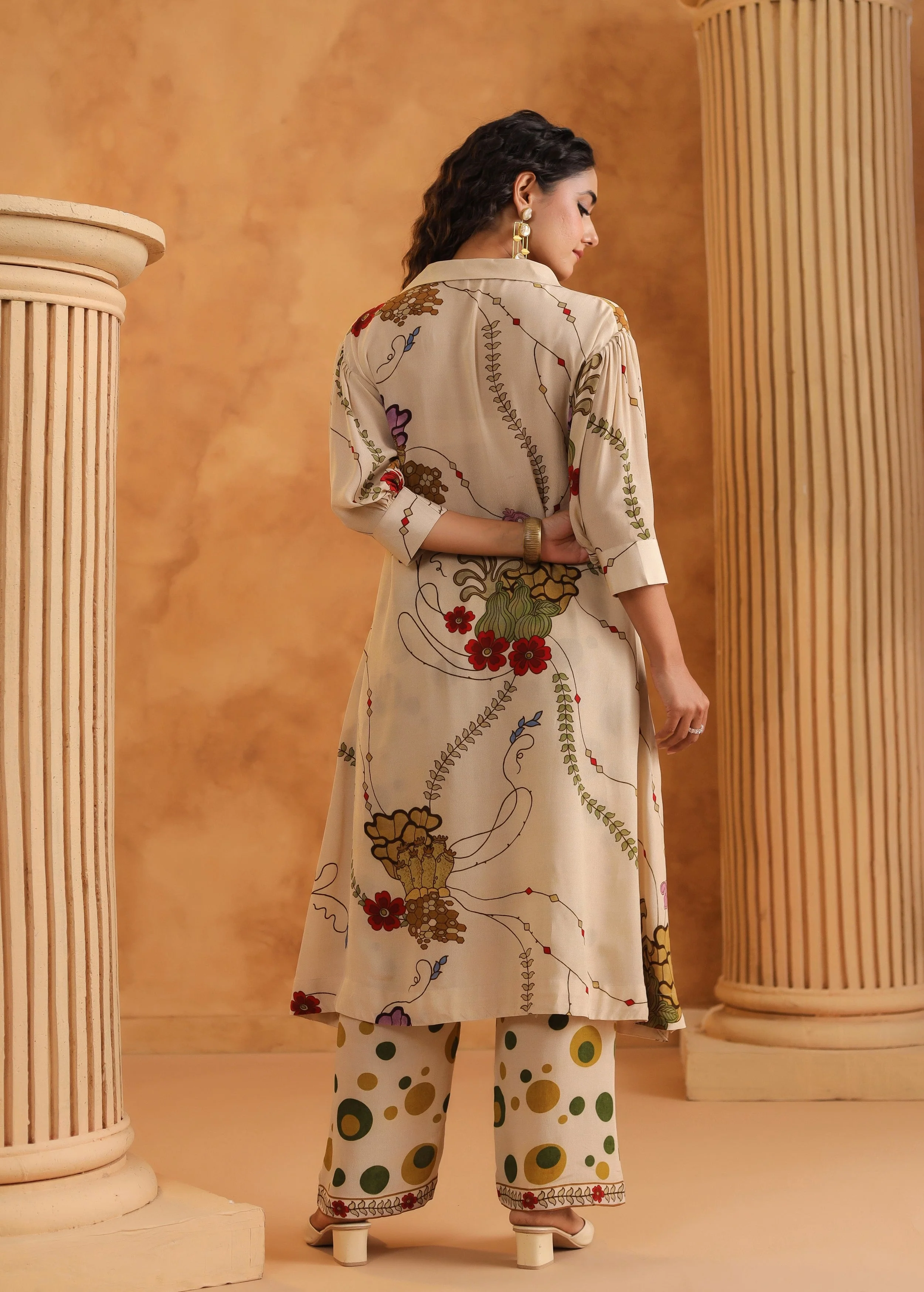 Beige Printed Viscose Crepe Kurta Set - Image 5