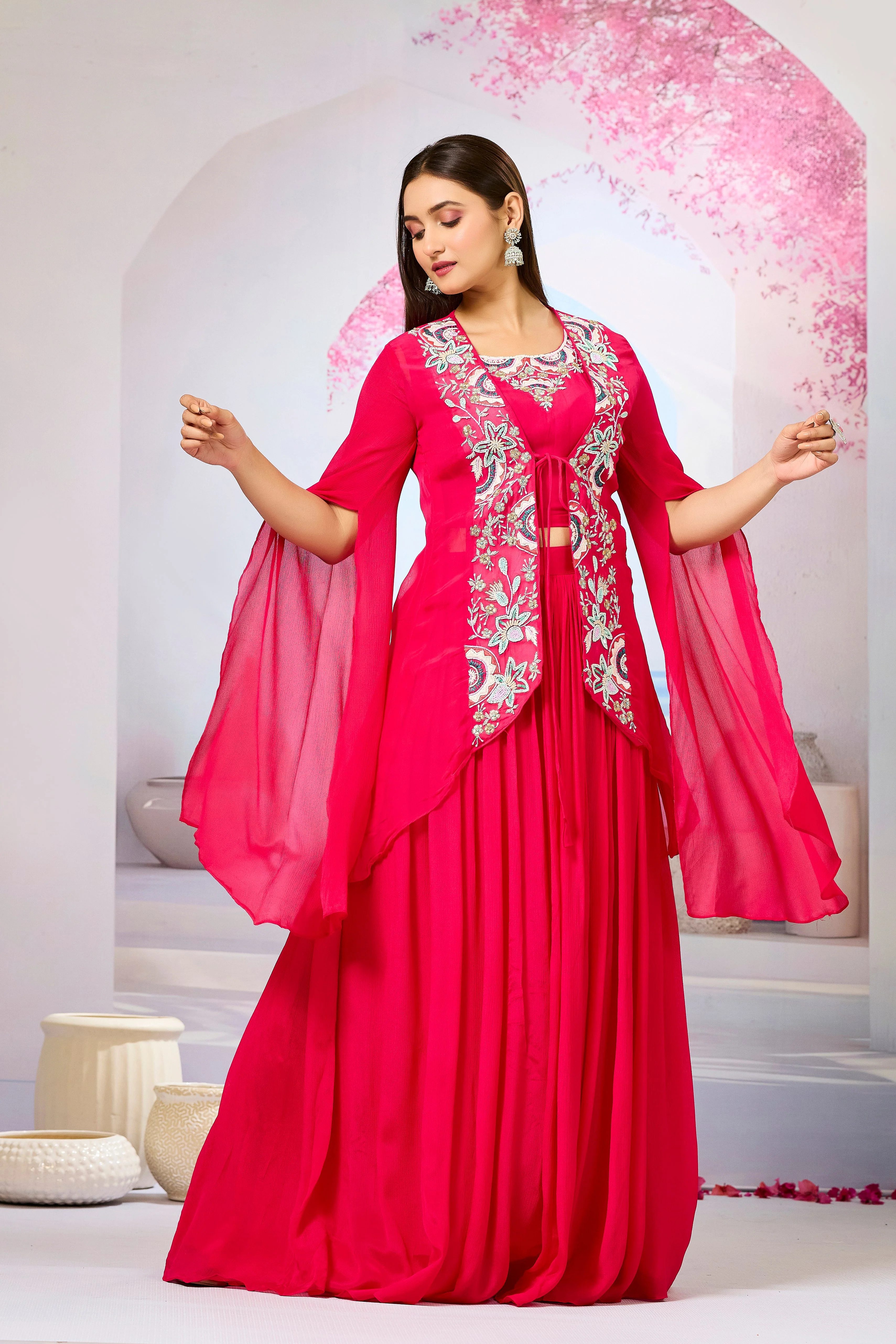 Red Embellished Organza Silk Cape Set - Image 3