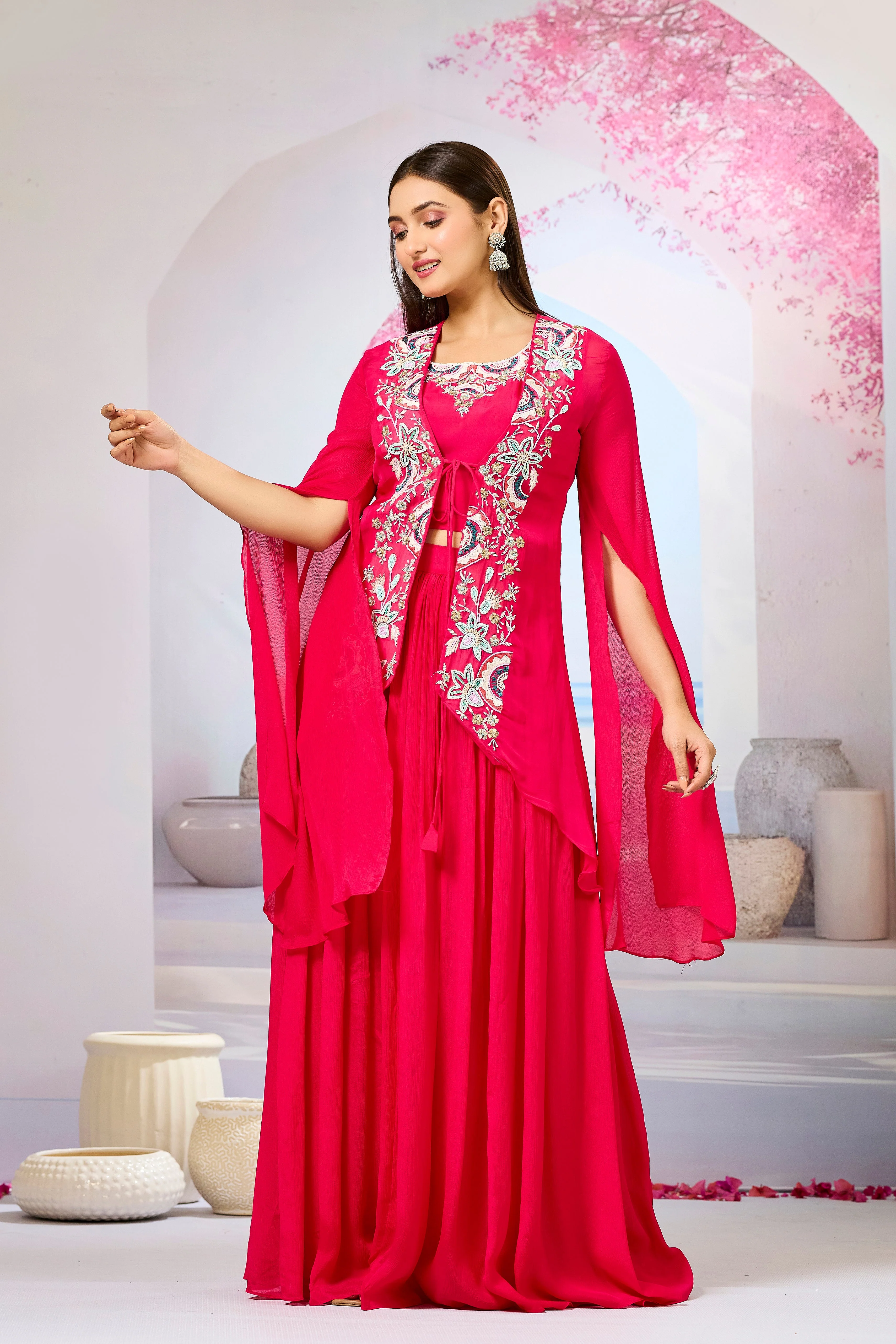 Red Embellished Organza Silk Cape Set - Image 4