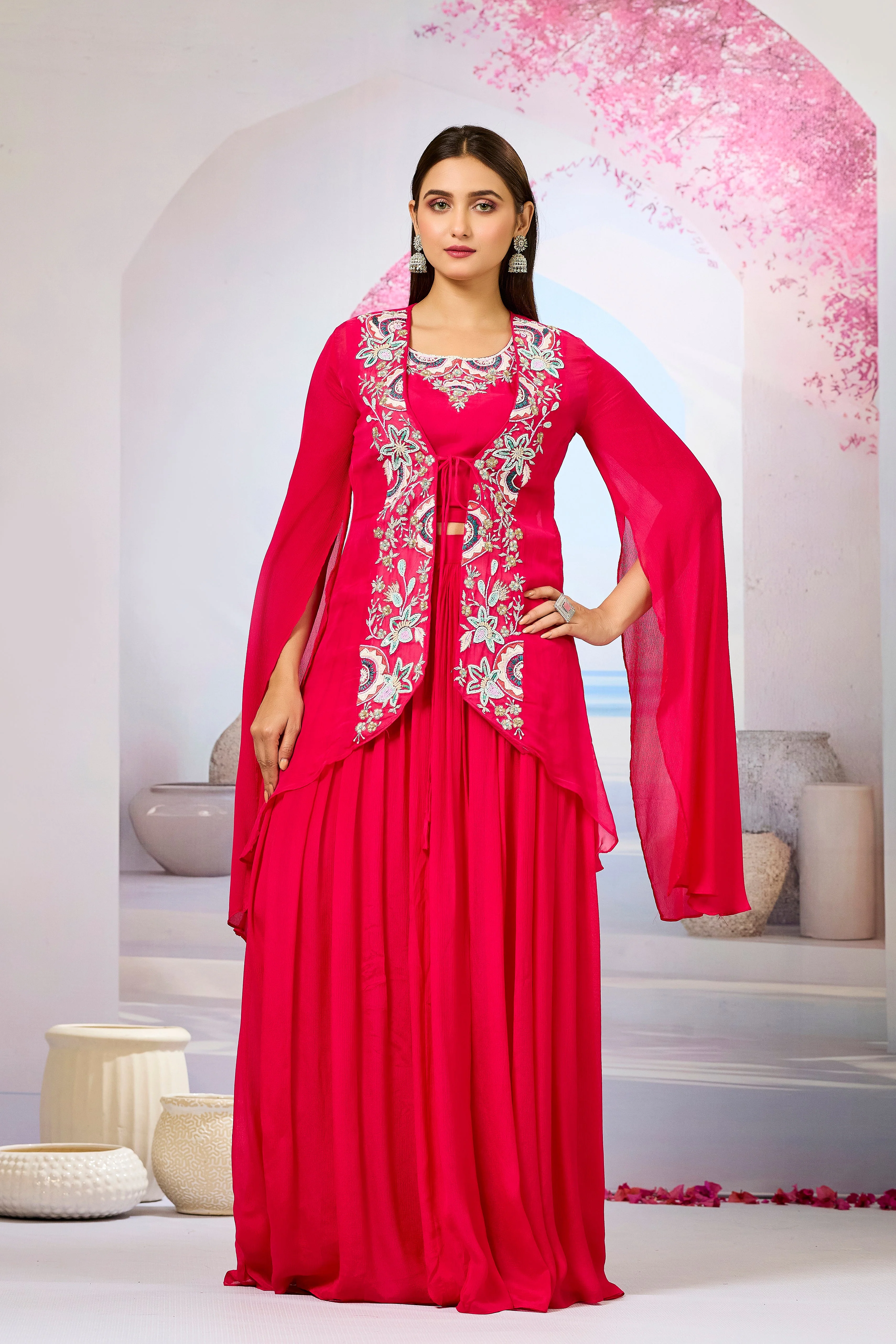 Red Embellished Organza Silk Cape Set - Image 5