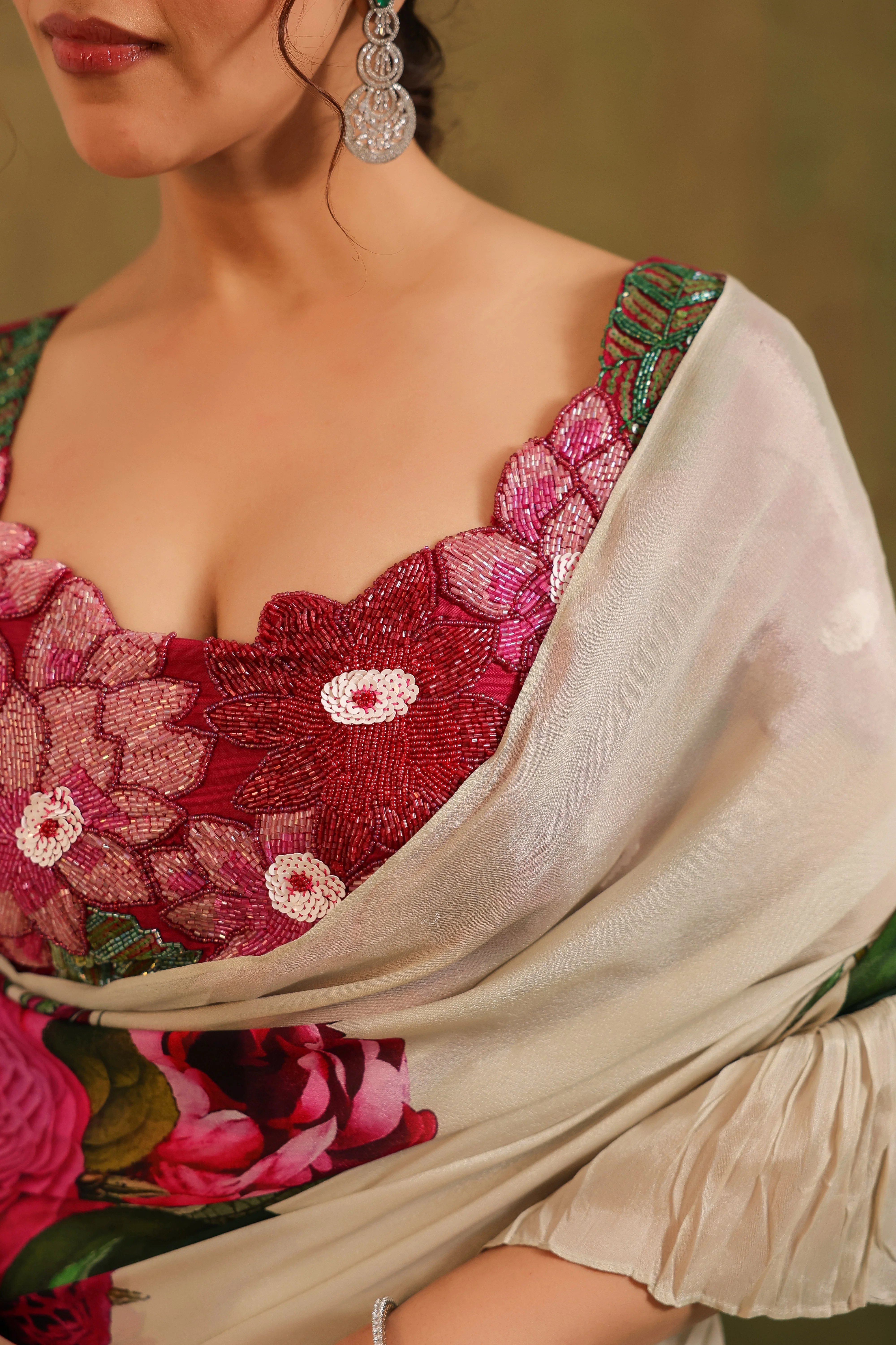 Beige Floral Printed Chinon Silk Saree - Image 2