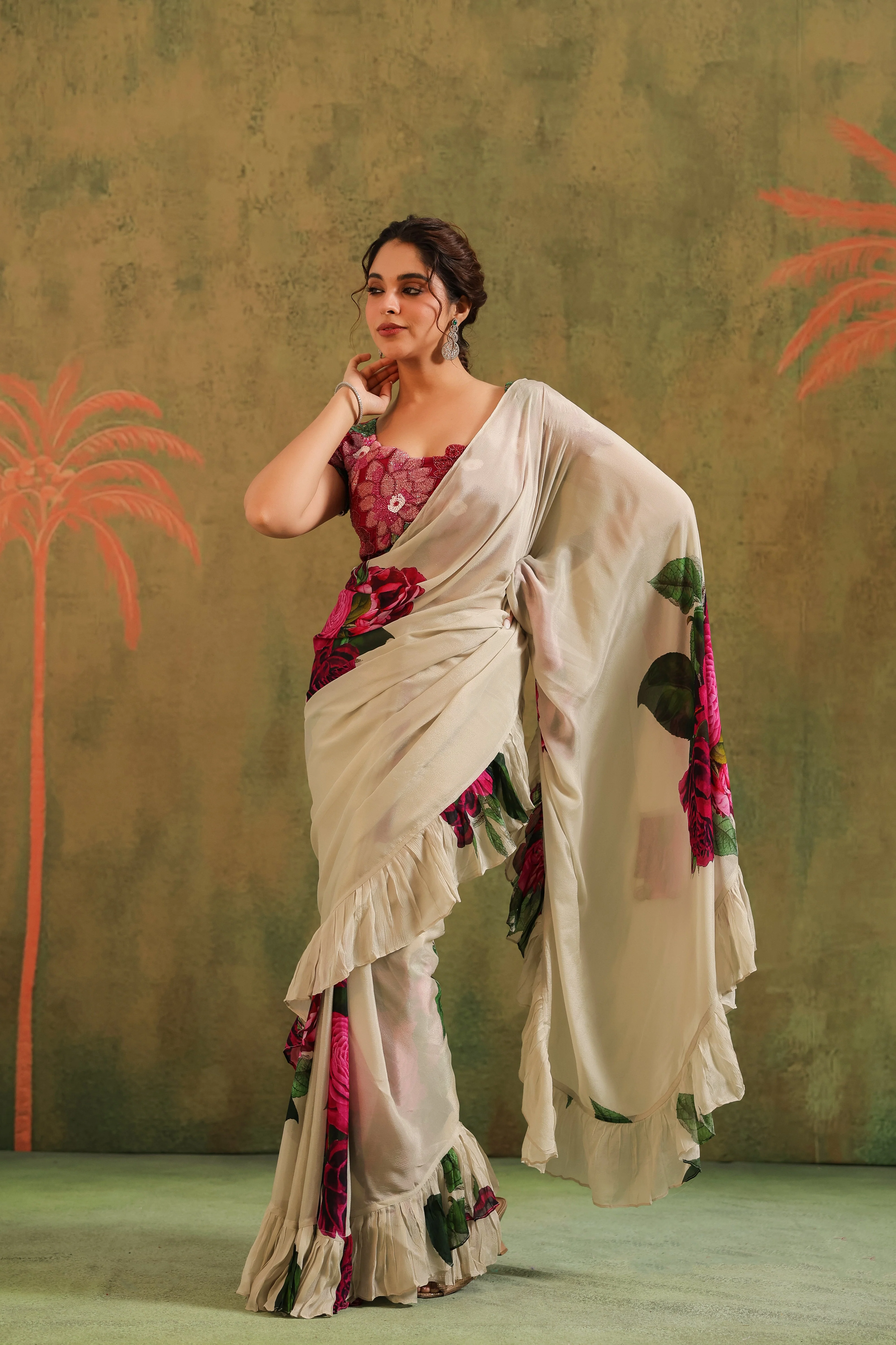 Beige Floral Printed Chinon Silk Saree - Image 6