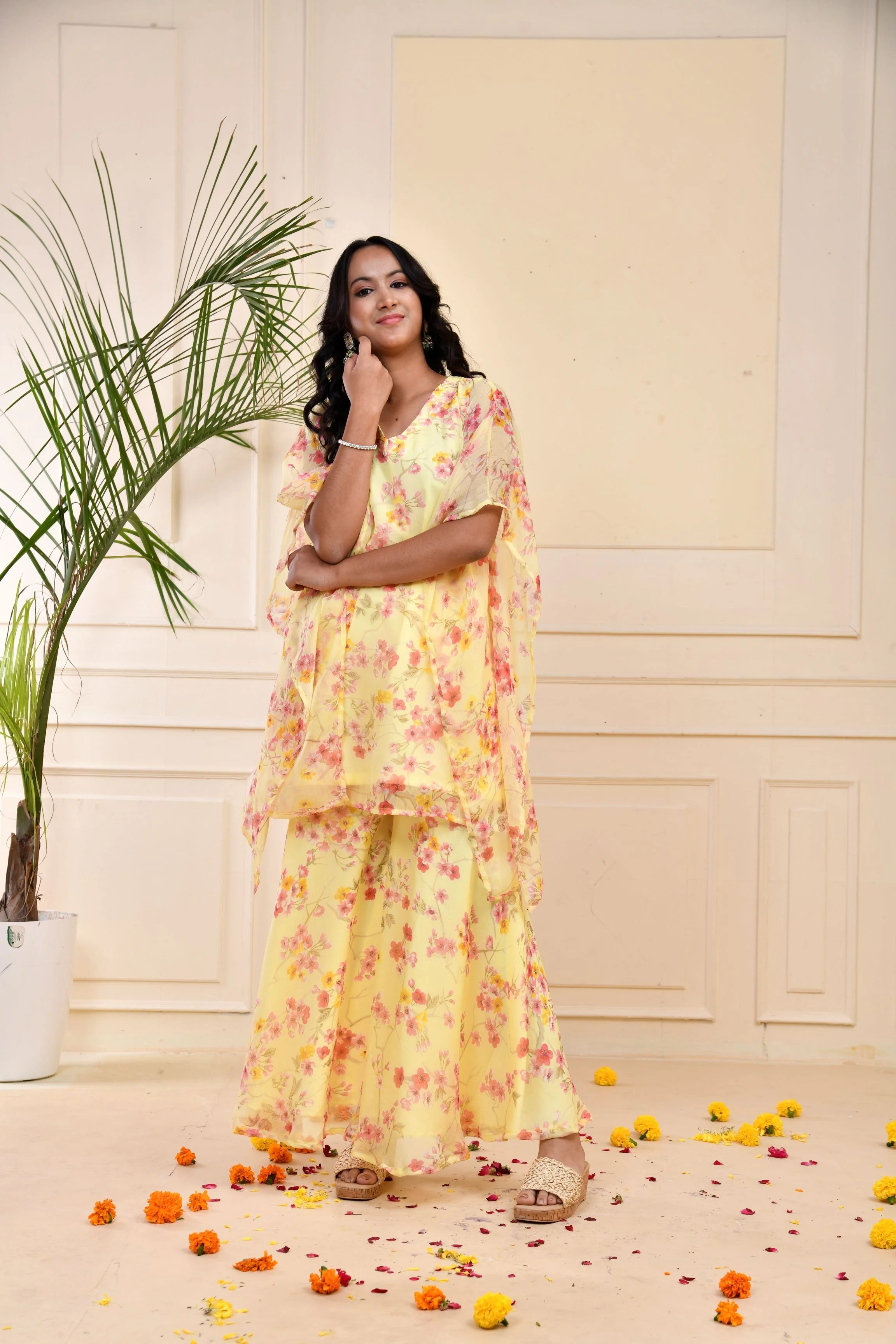 Yellow Floral Printed Premium Silk Kaftan Set - Image 3