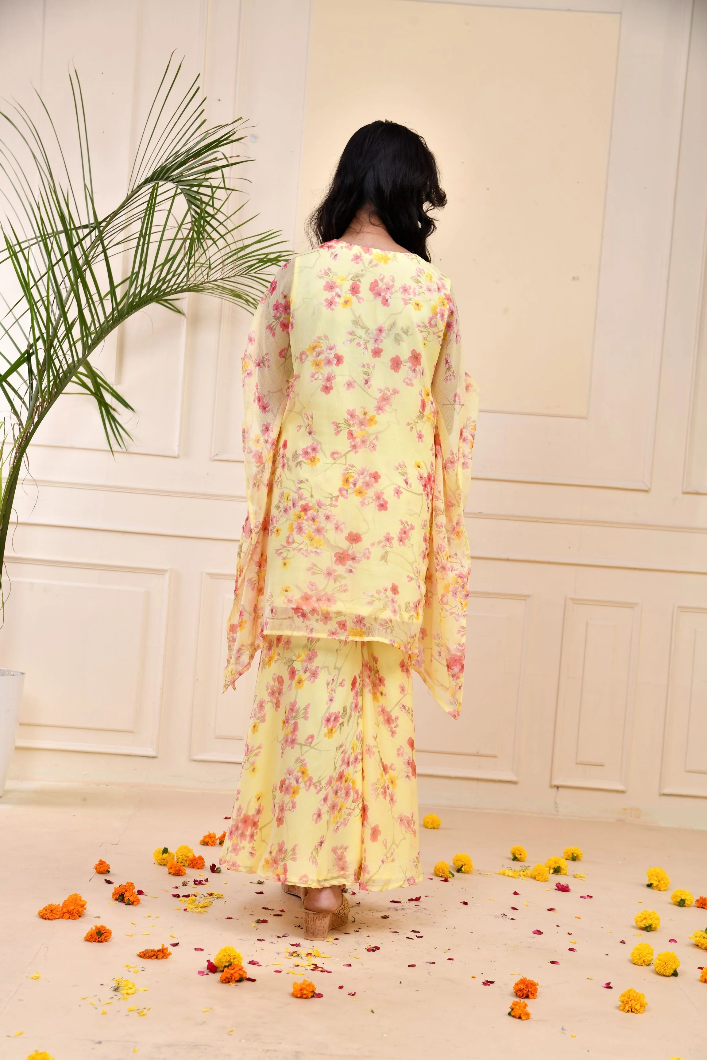 Yellow Floral Printed Premium Silk Kaftan Set - Image 4