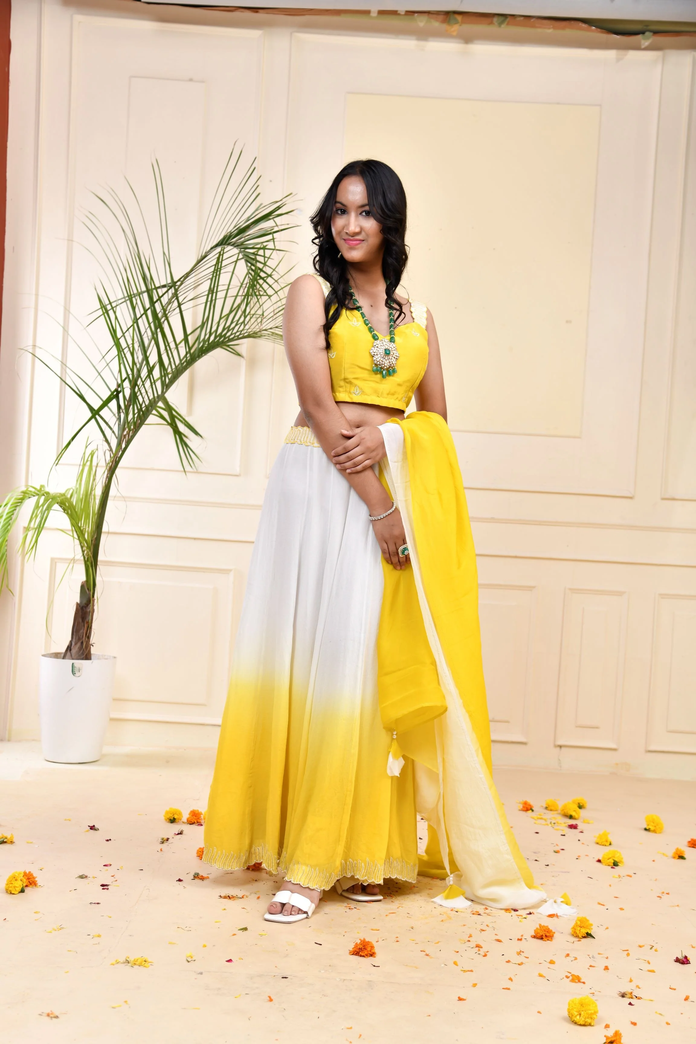 Yellow Ombre-Dyed Georgette Silk Lehenga Set - Image 3