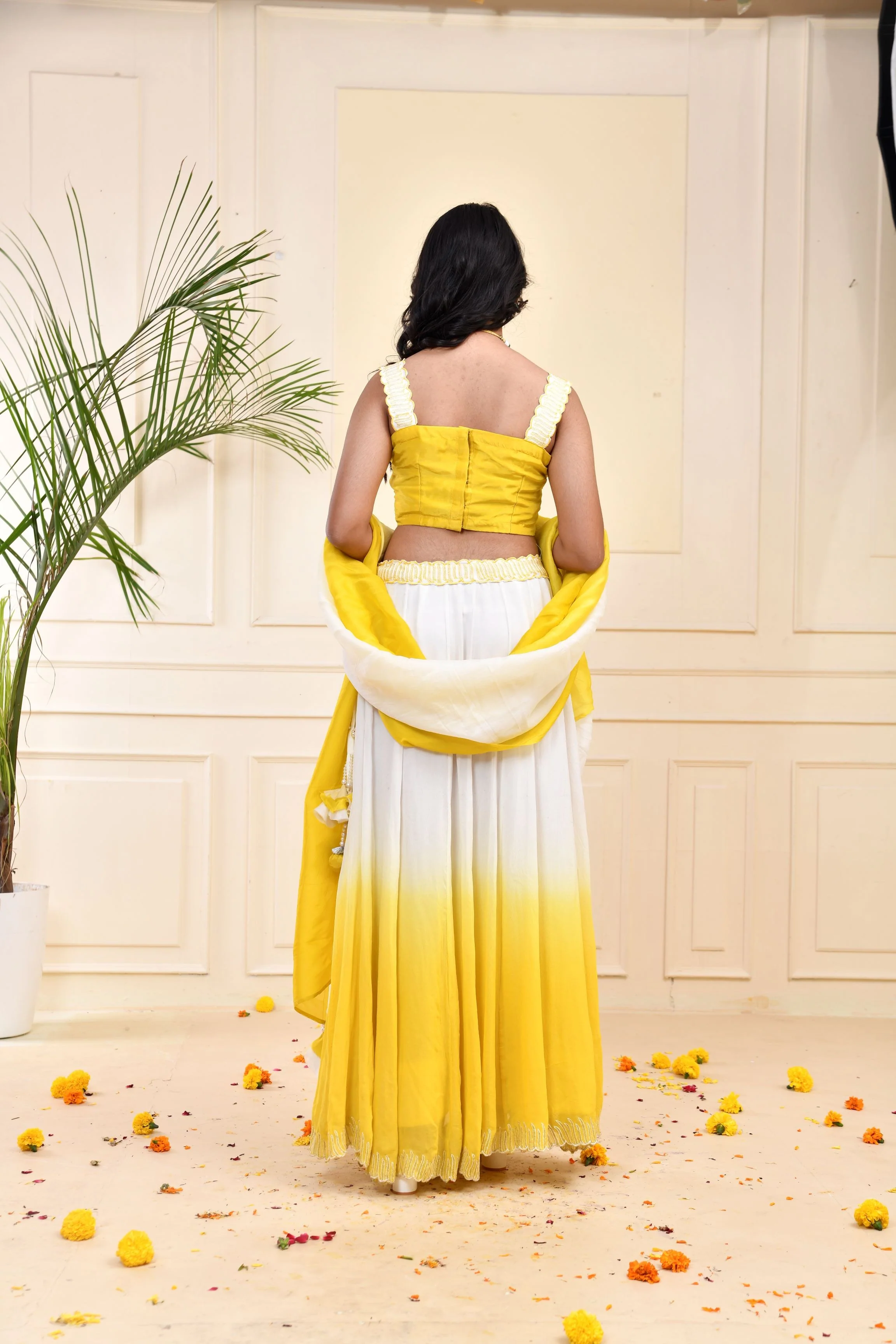 Yellow Ombre-Dyed Georgette Silk Lehenga Set - Image 4