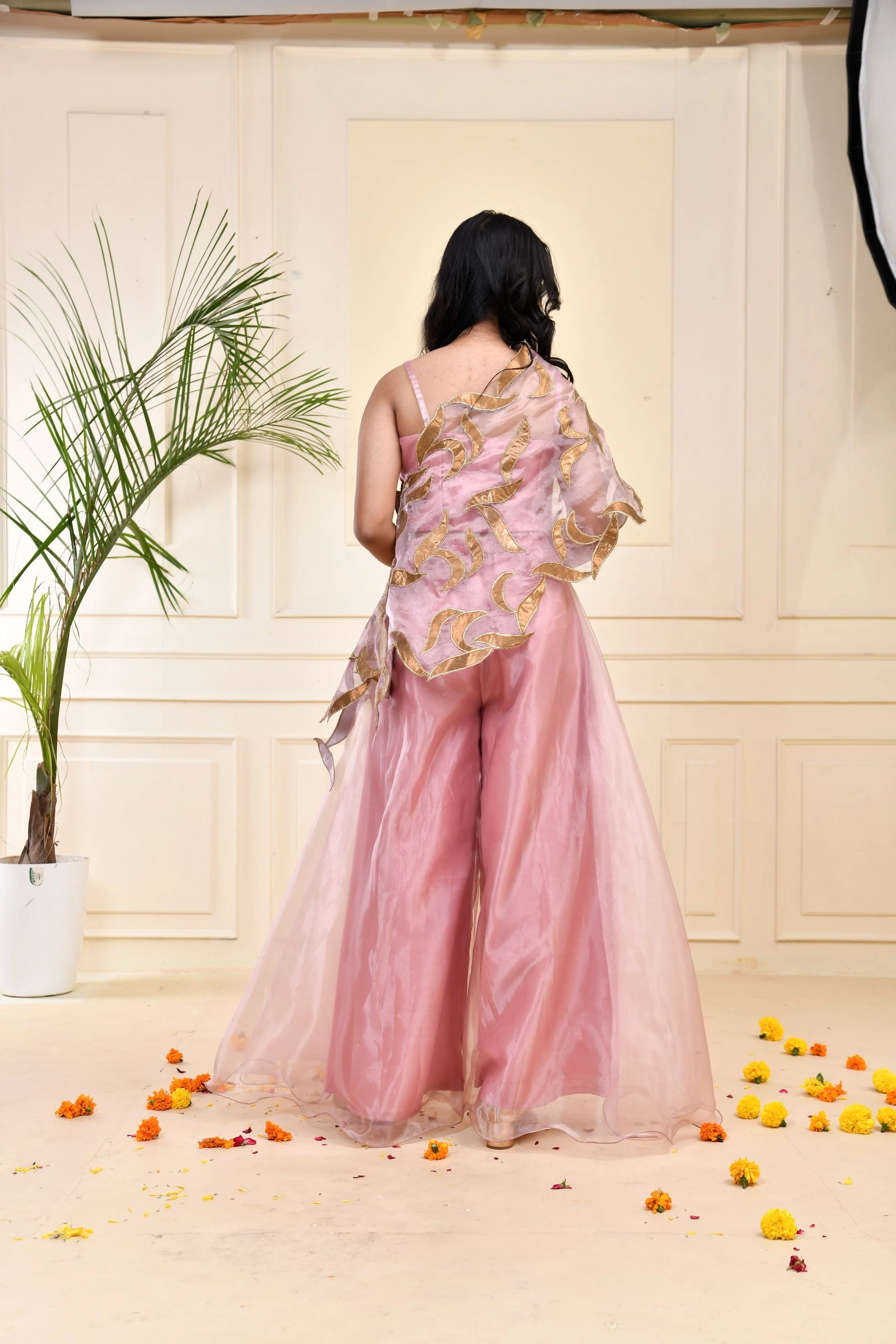 Glam Pink Embellished Organza Silk Cape Set - Image 4