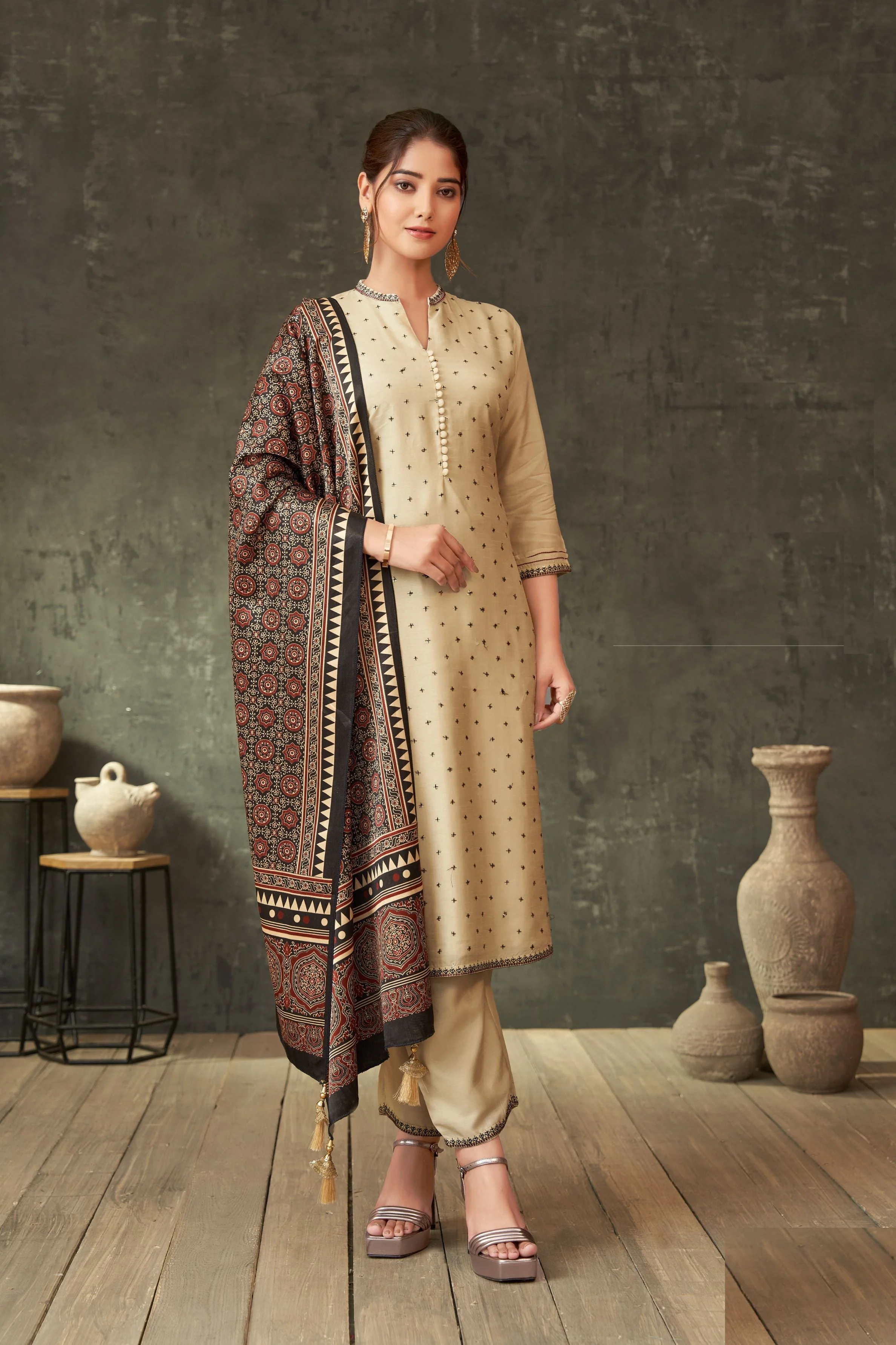 Beige Traditional Printed Raw Silk Pants Set - Image 2
