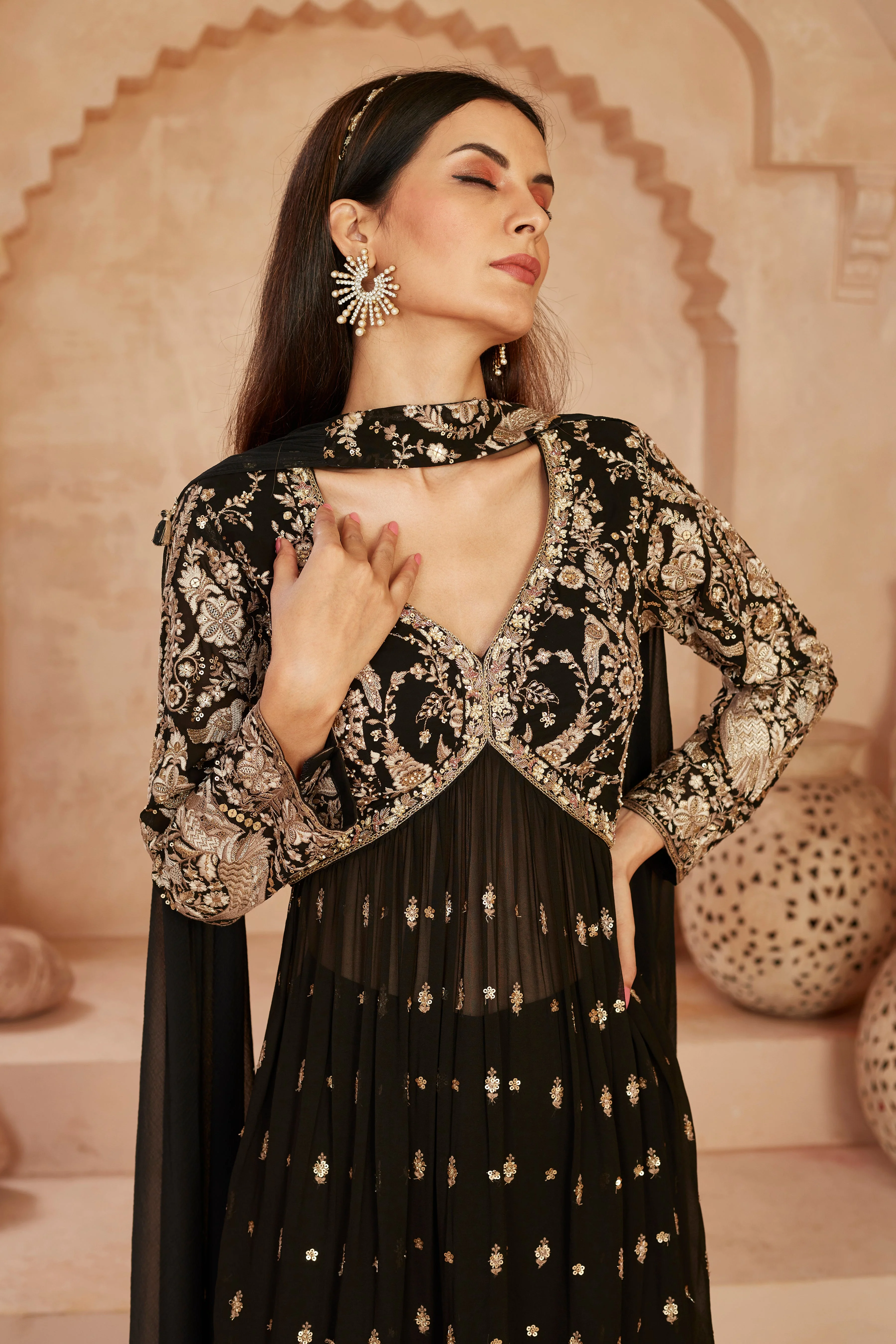 Black Golden Tissue Glass Silk Palazzo Set - Image 2