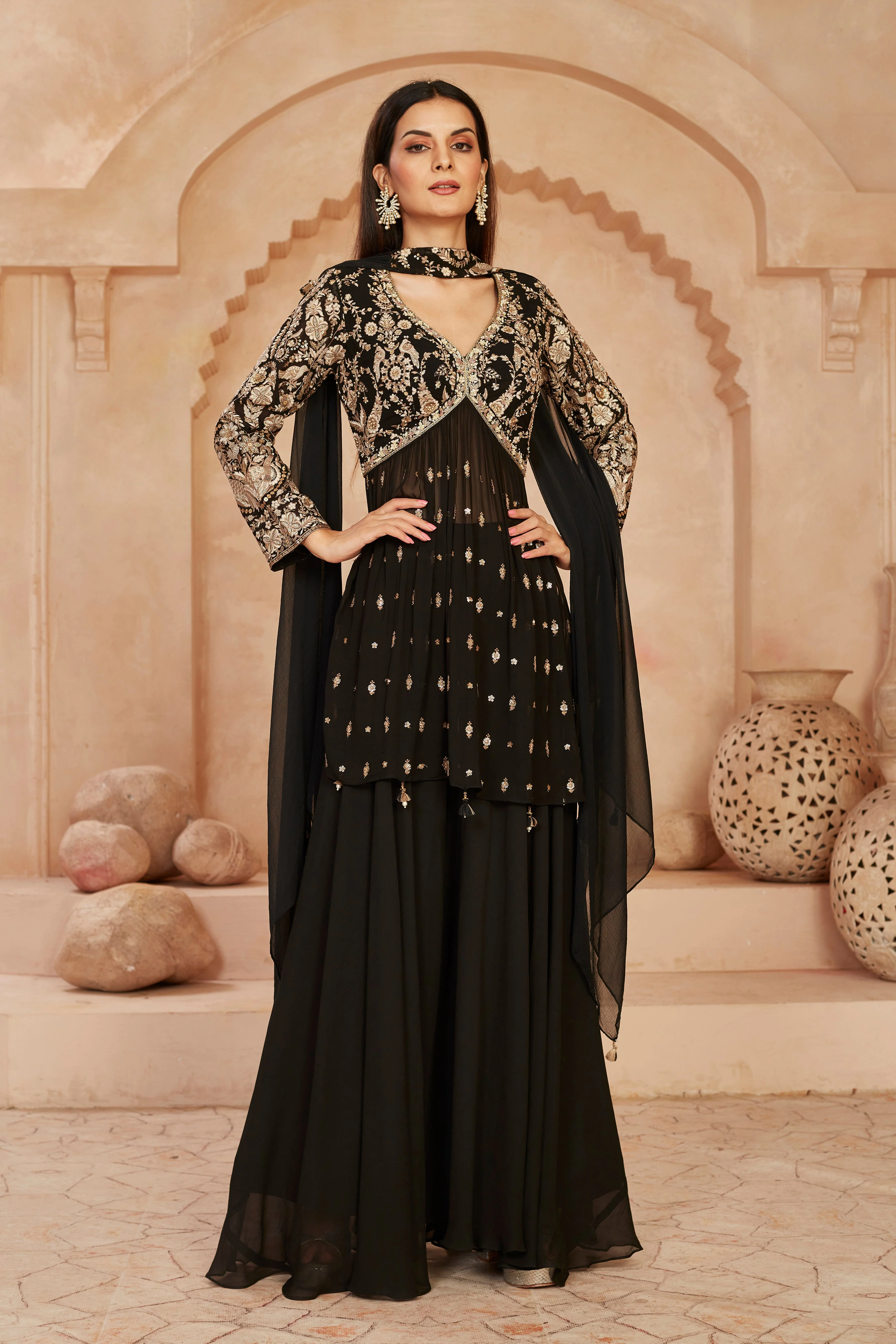 Black Golden Tissue Glass Silk Palazzo Set - Image 3