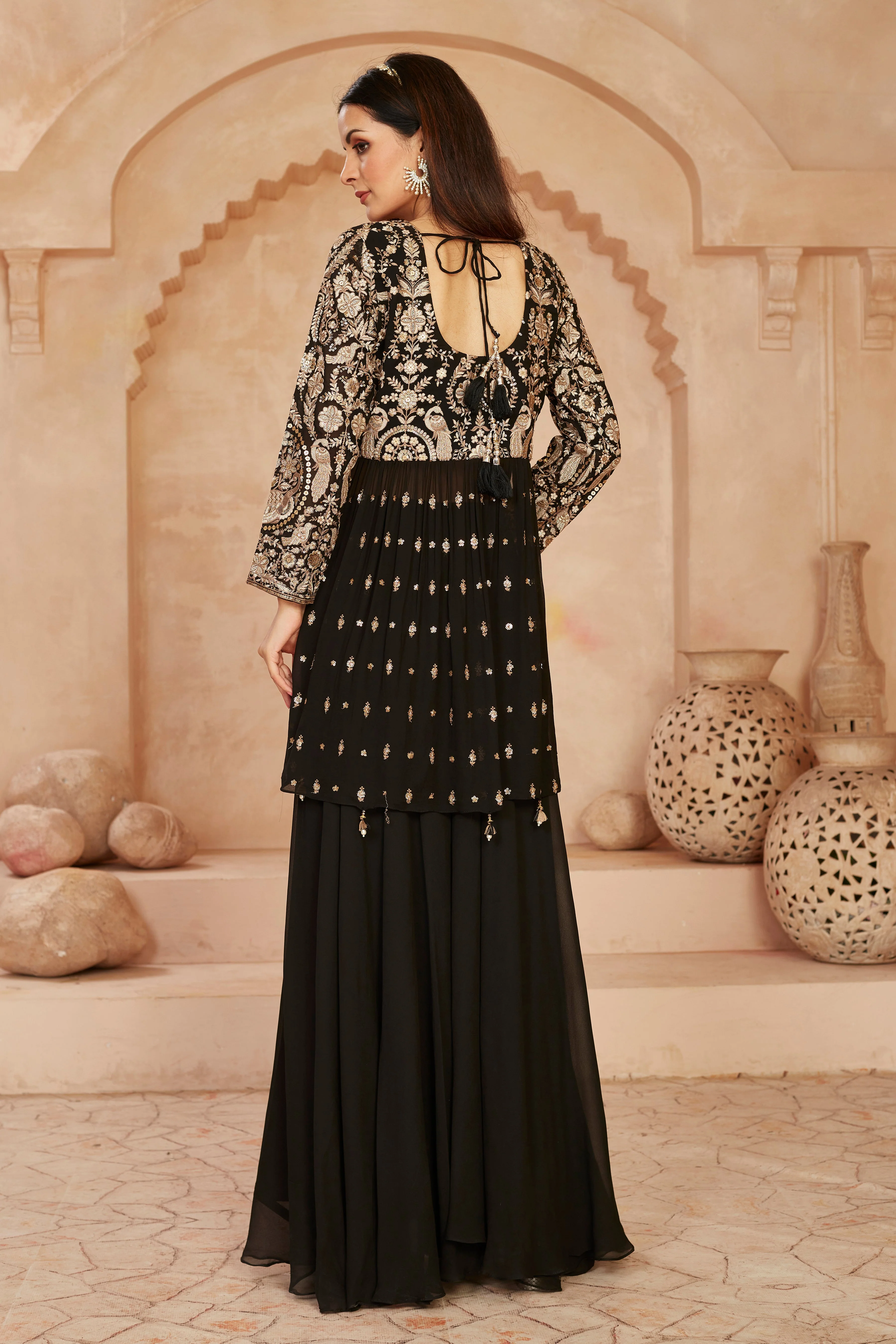 Black Golden Tissue Glass Silk Palazzo Set - Image 4