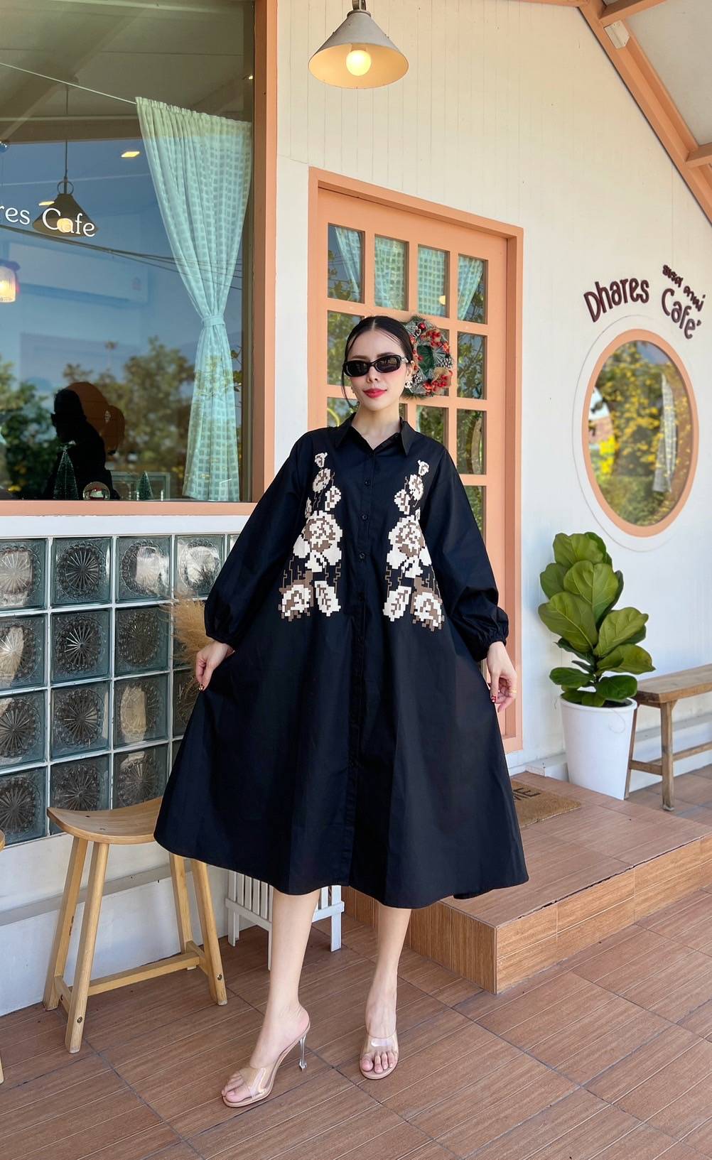 Black 3D Patchwork Oversized Cotton Shirt Dress - Image 2