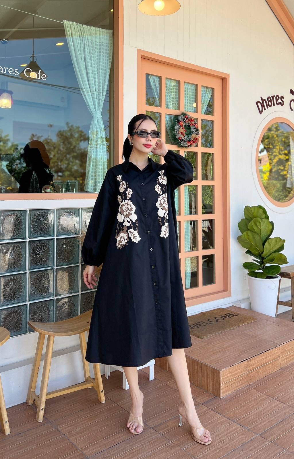Black 3D Patchwork Oversized Cotton Shirt Dress - Image 3