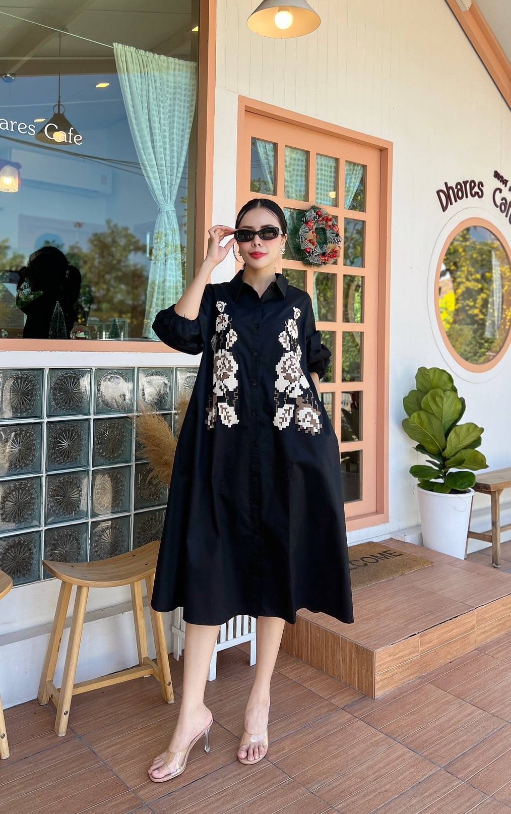 Black 3D Patchwork Oversized Cotton Shirt Dress - Image 5