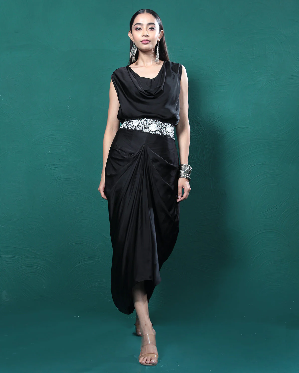 Elite Black Cowl Crop Top & Skirt Set