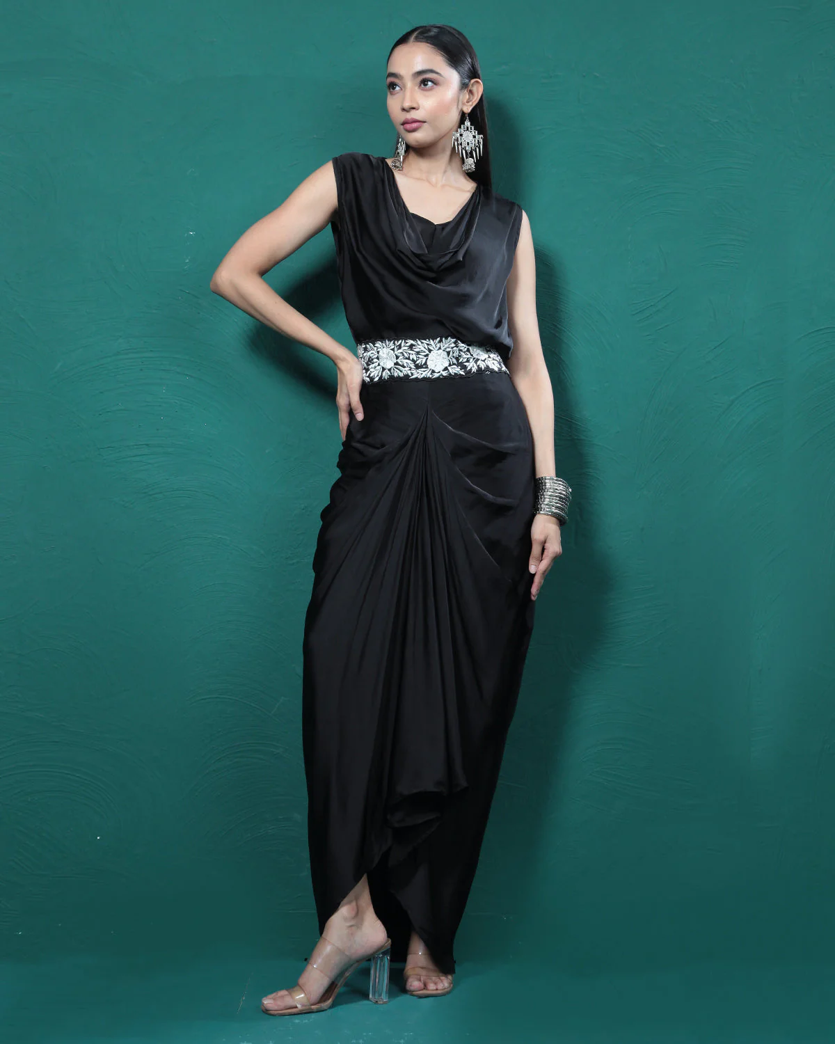 Elite Black Cowl Crop Top & Skirt Set - Image 5