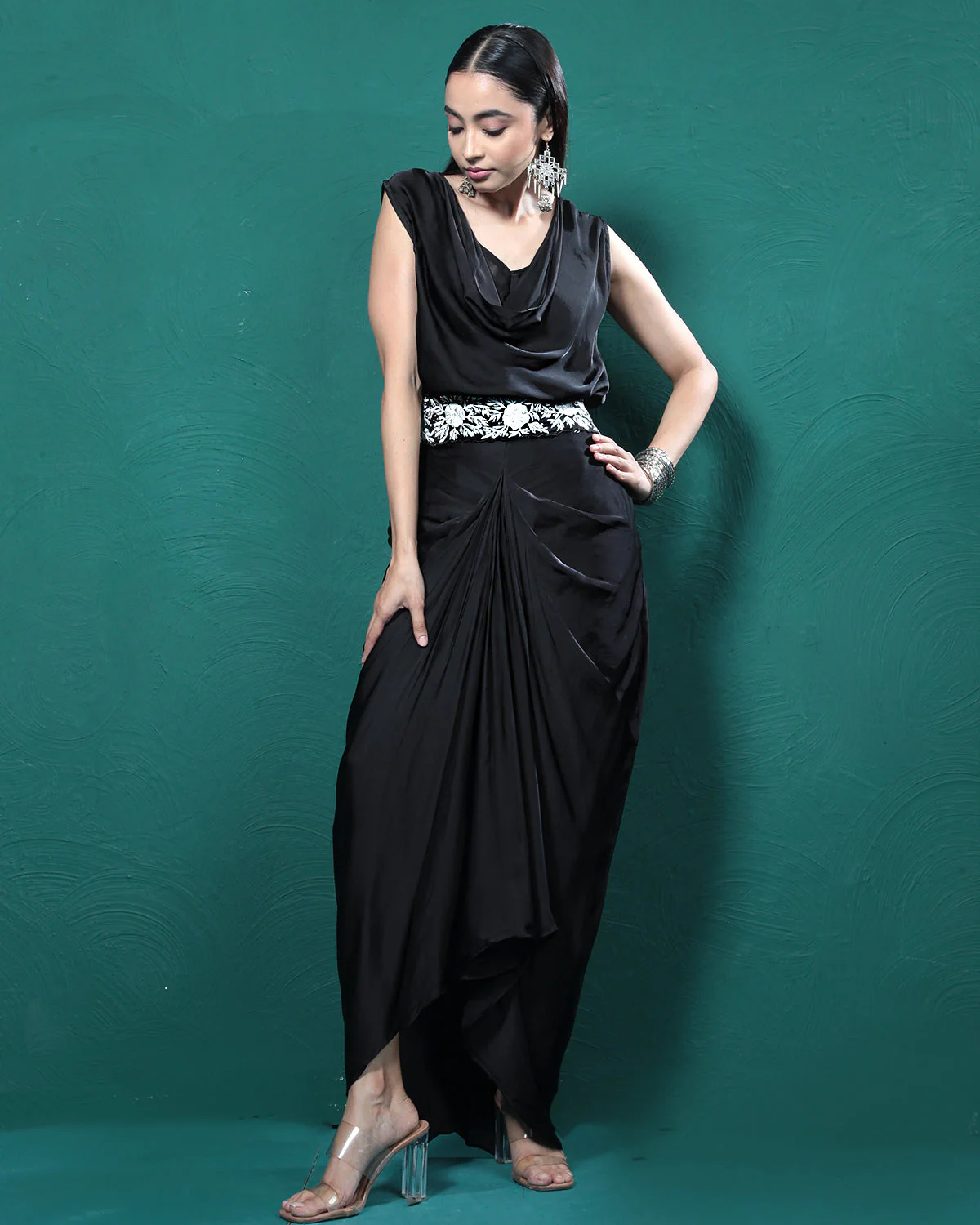 Elite Black Cowl Crop Top & Skirt Set - Image 7