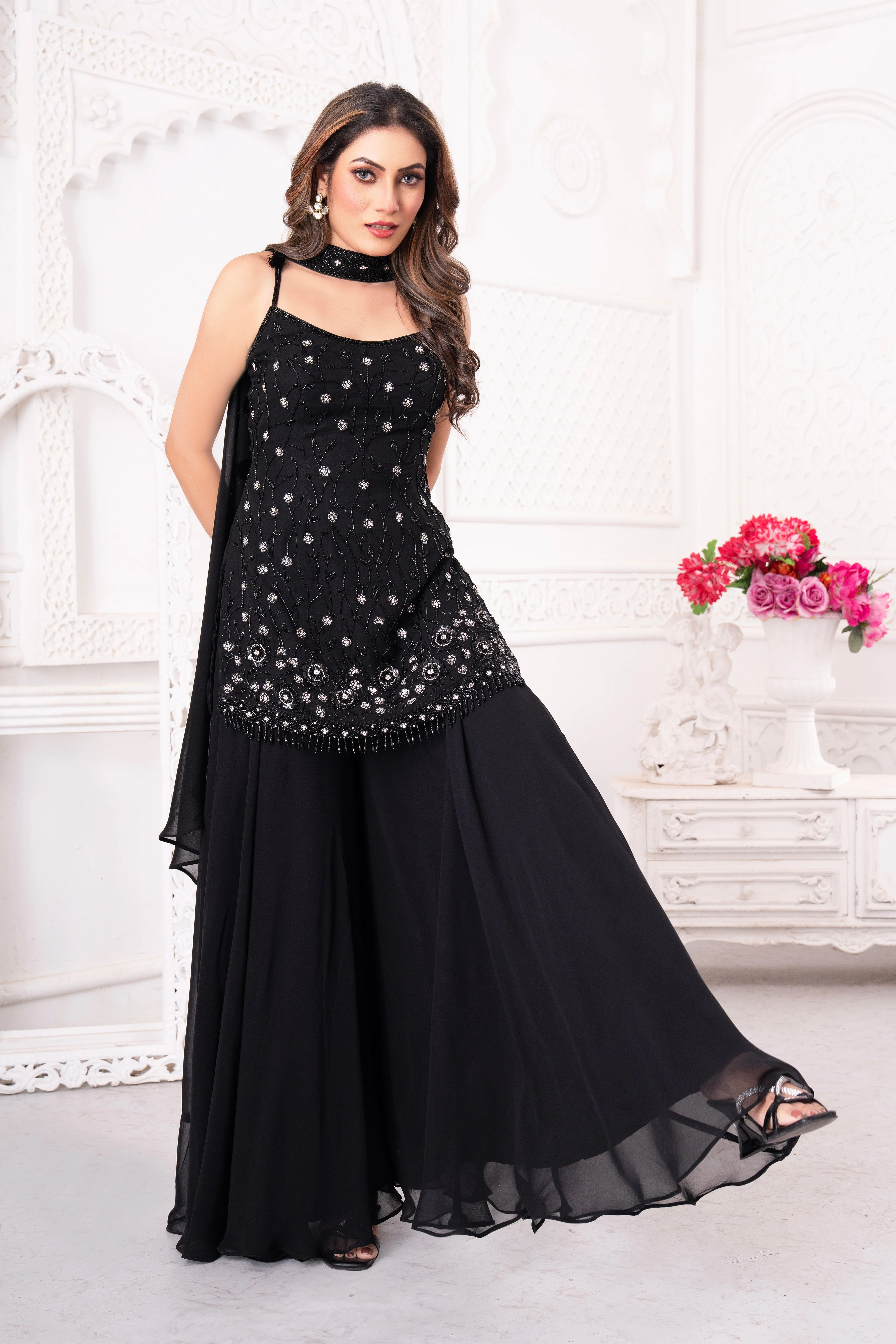 Black Embellished Tunic Palazzo Set